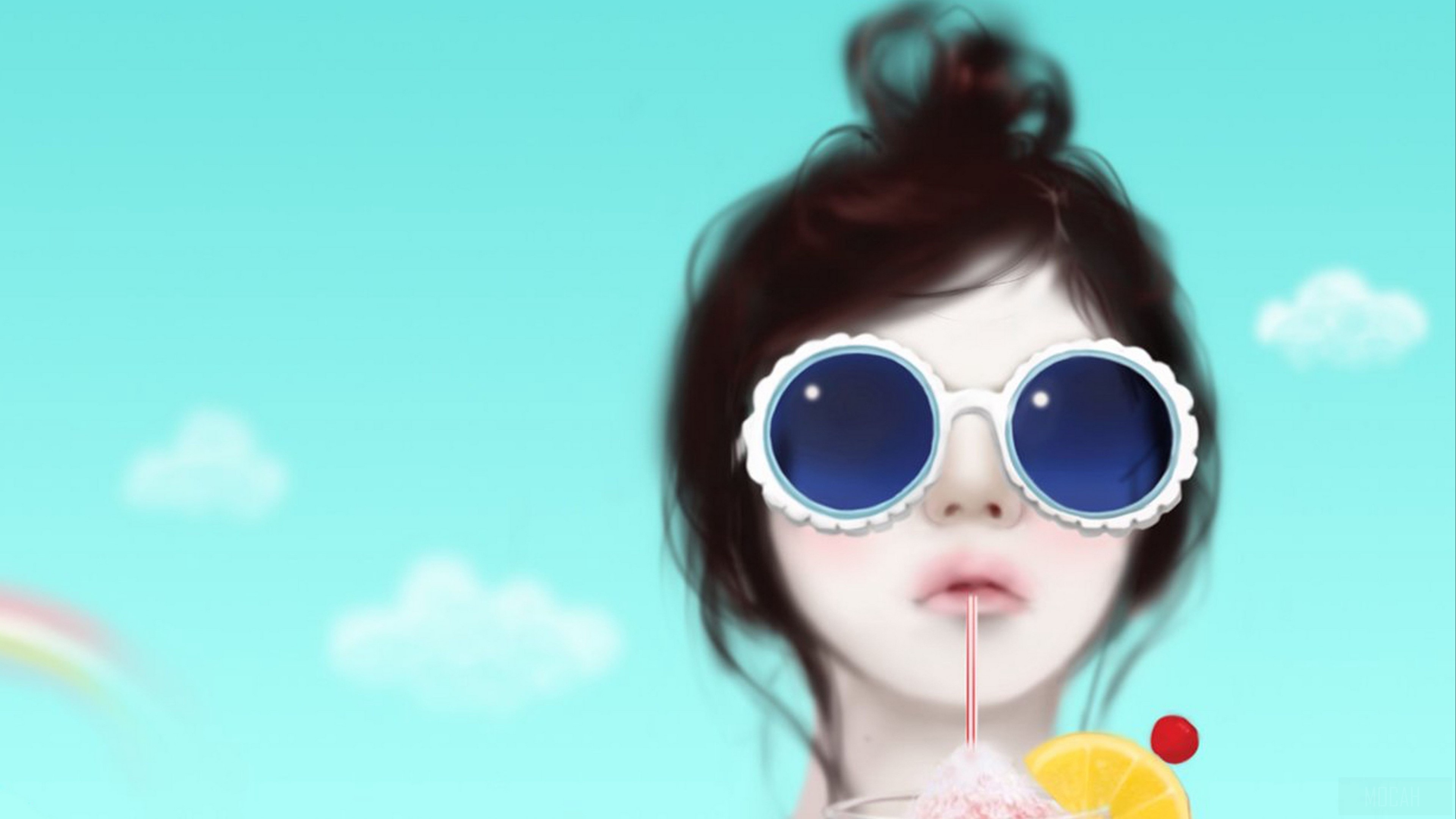 Girl with sunglasses drinking a beverage HD Wallpaper