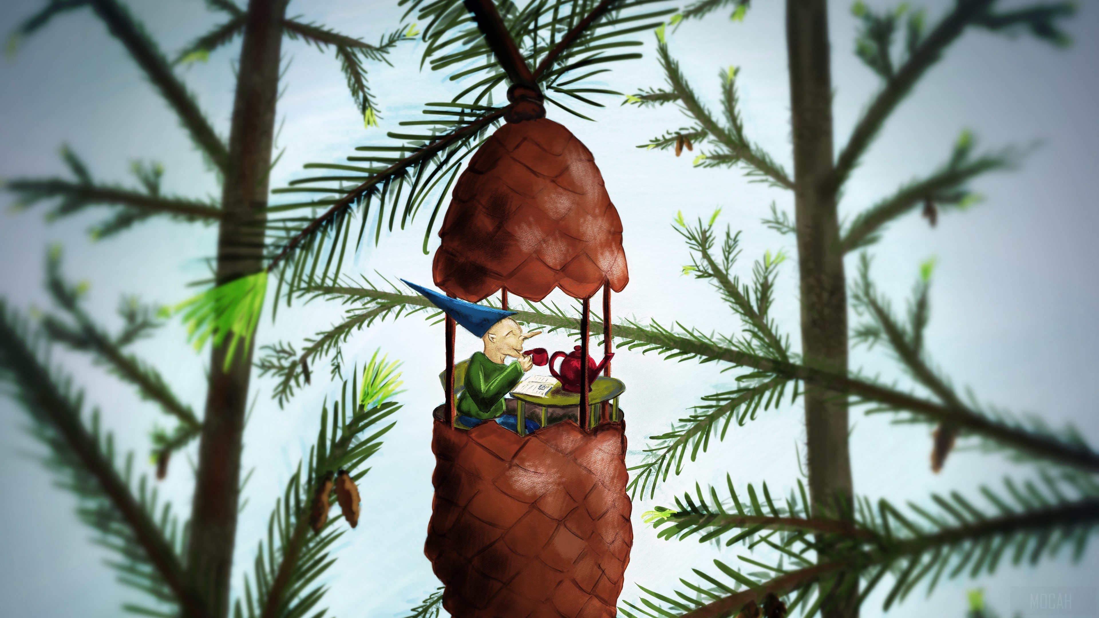 Gnome having tea in a pine cone 4K HD Wallpaper