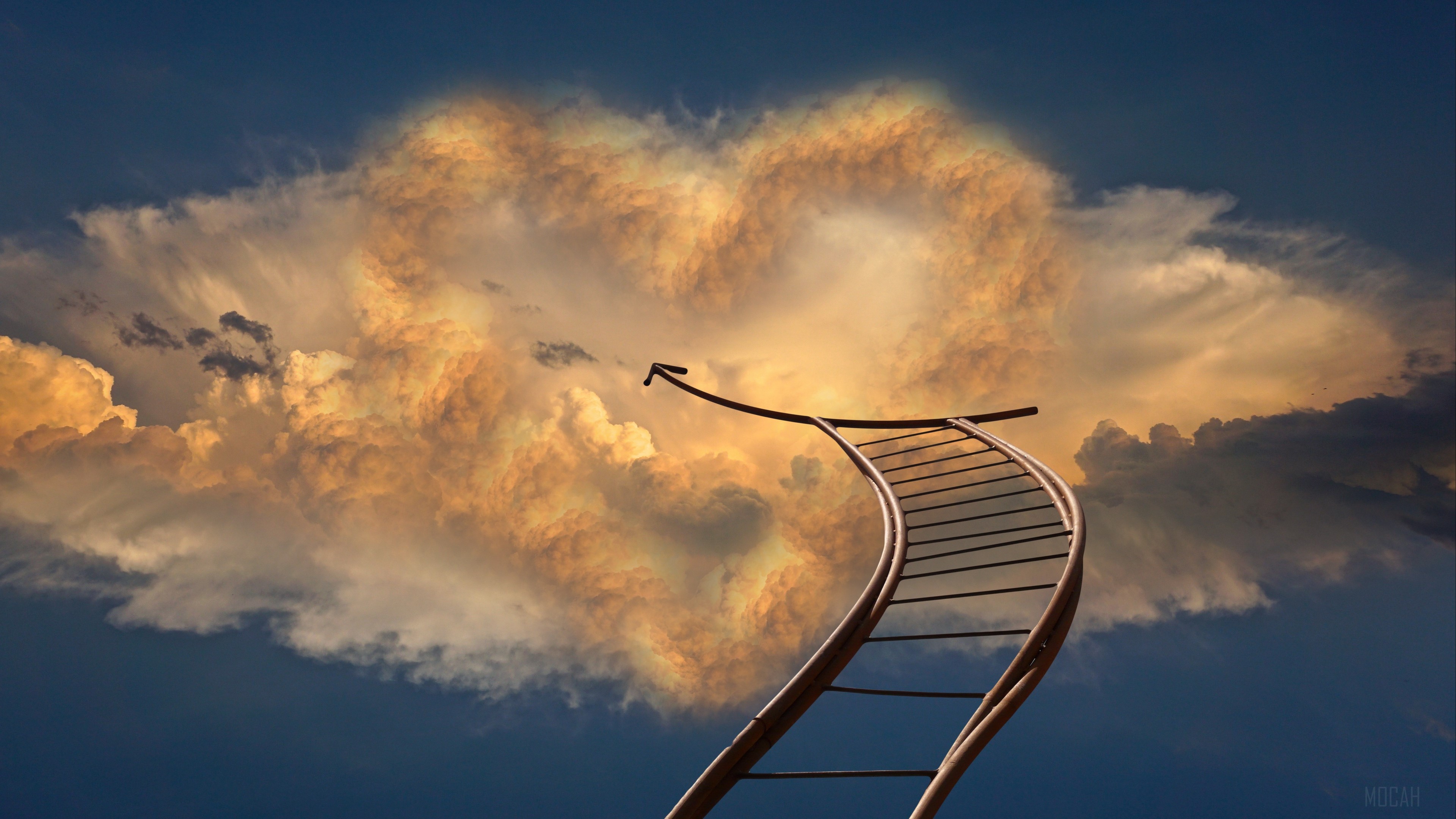 Staircase leading to heart-shaped cloud with arrow HD Wallpaper