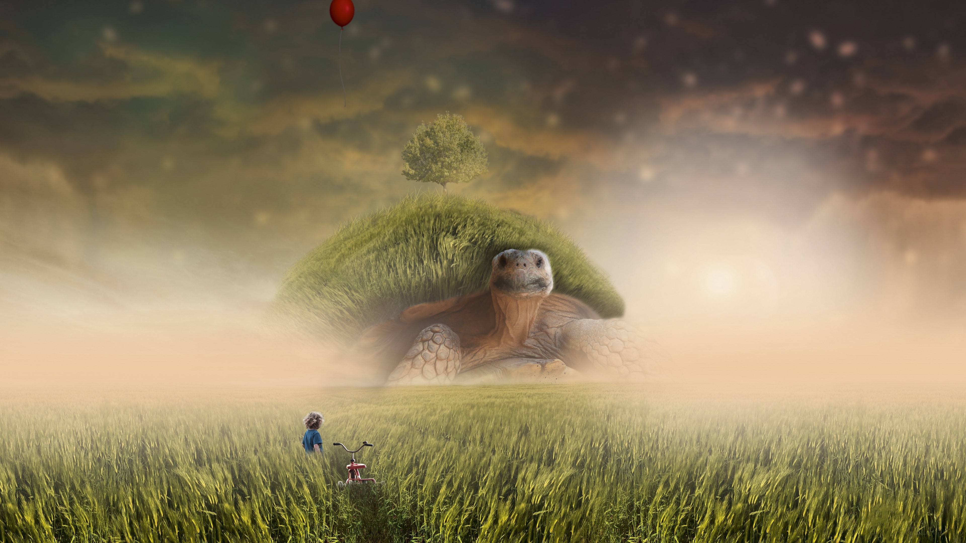 Giant Turtle with Tree and Child in Field 4K HD Wallpaper