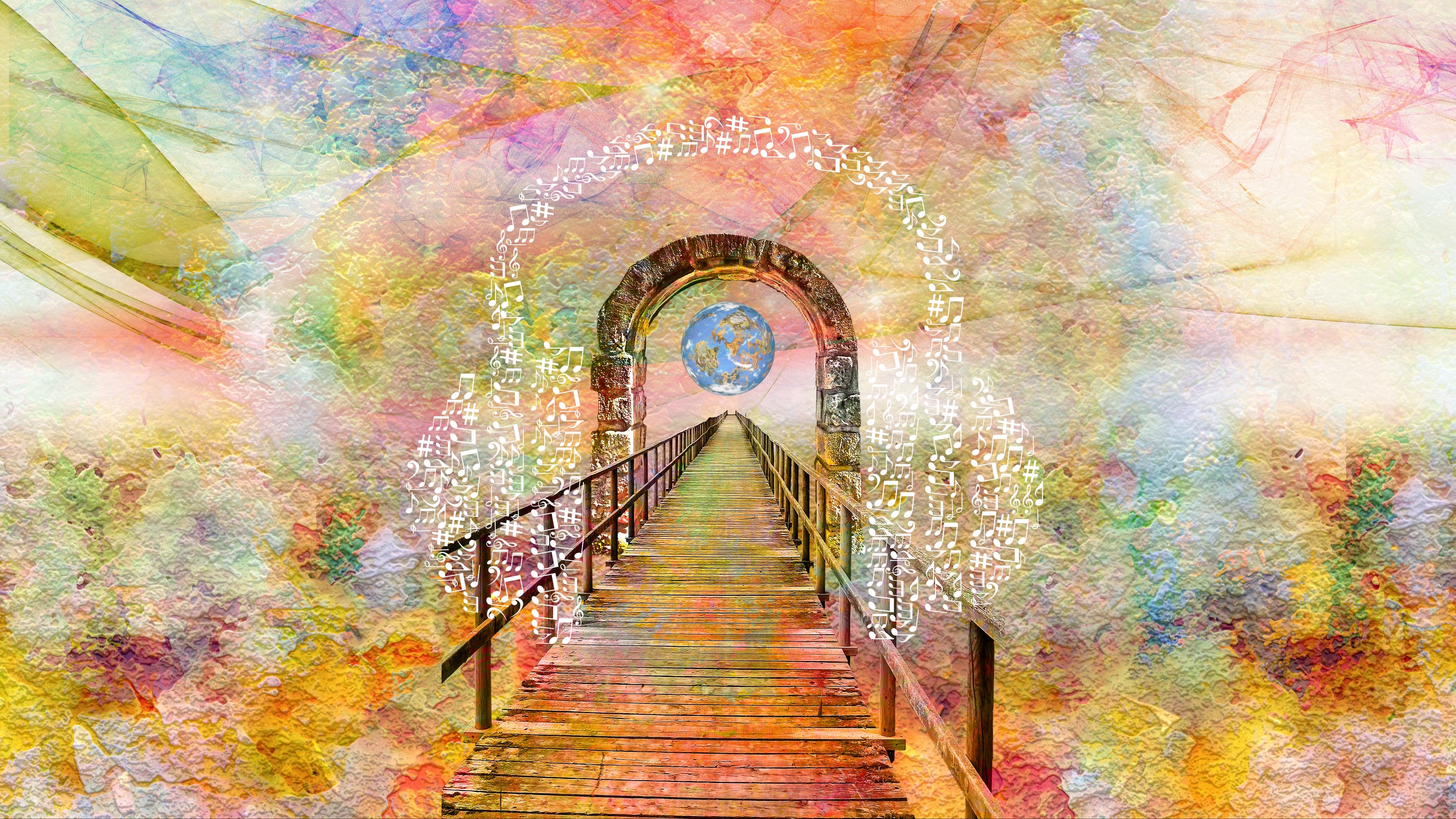 Archway with planet and musical notes 4K HD Wallpaper