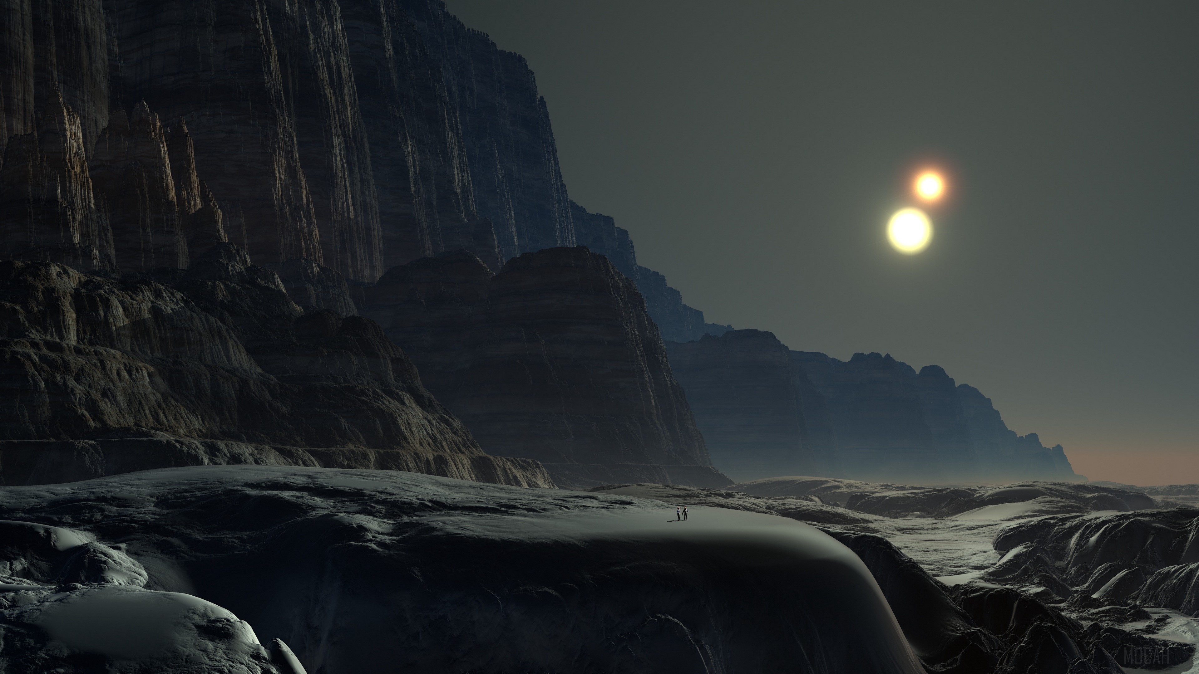 Alien landscape with twin suns at twilight HD Wallpaper