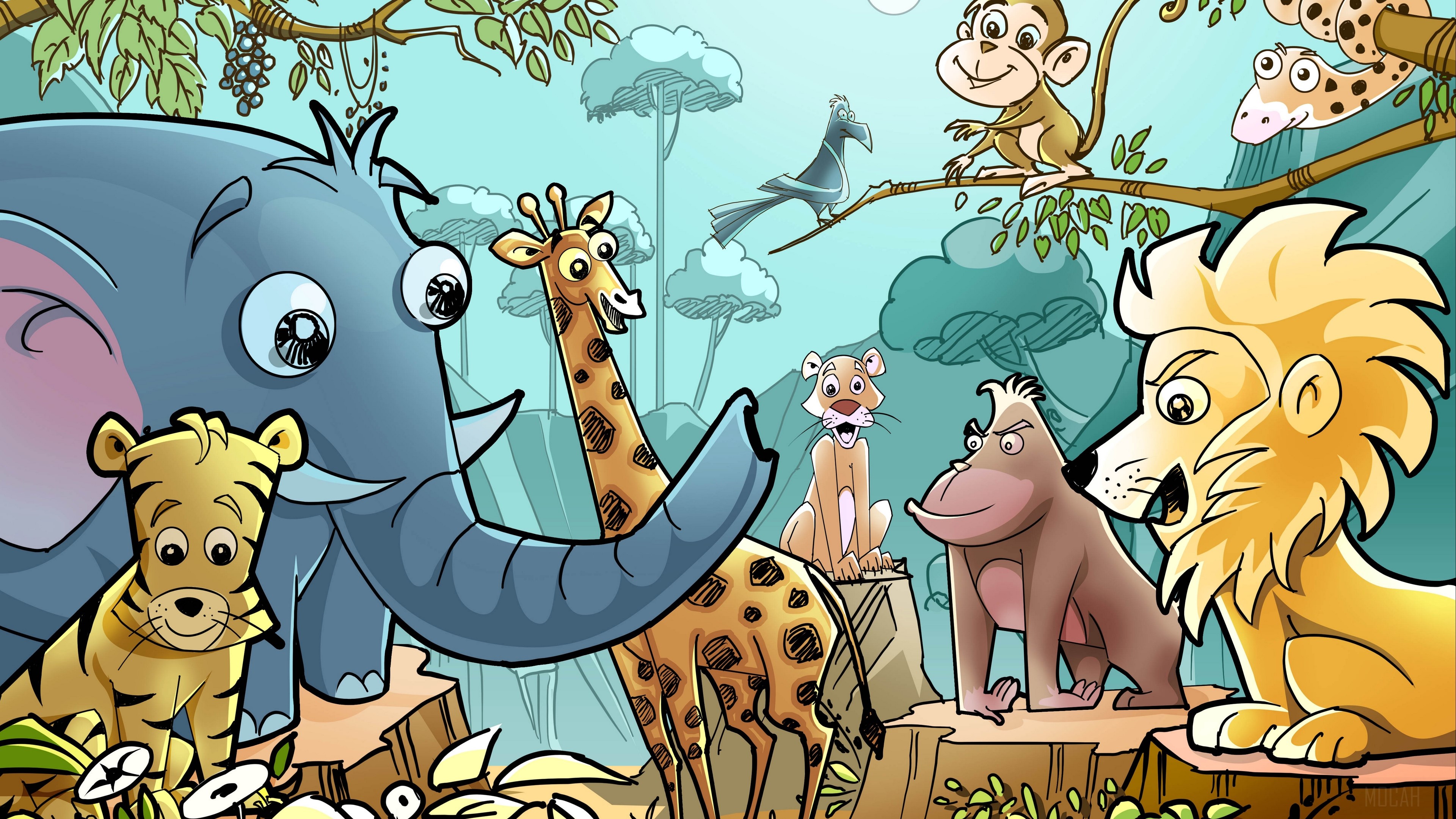 Cartoon animals in a jungle setting 4K HD Wallpaper