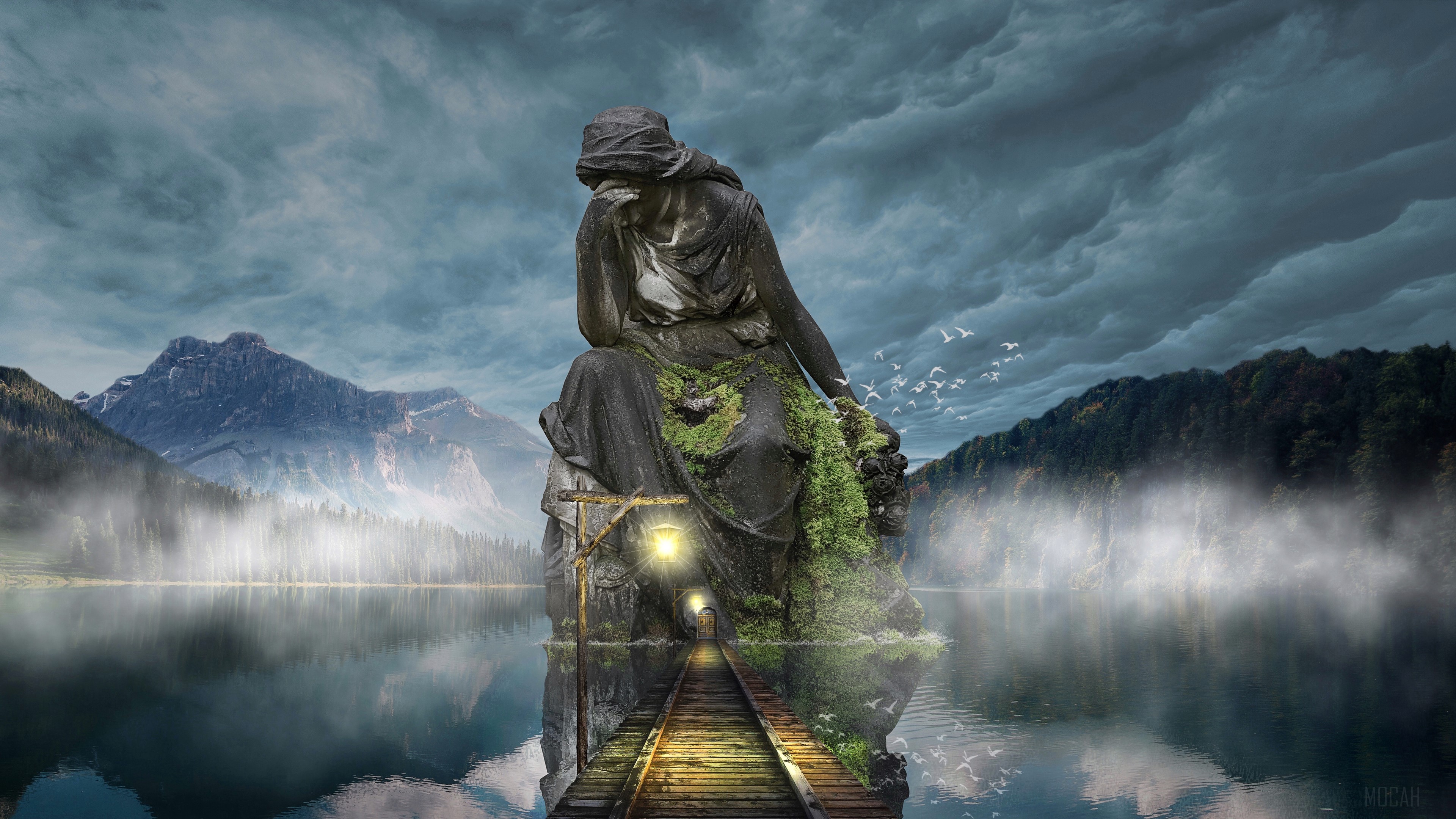 Stone sculpture on a lake with mountains and stormy sky HD Wallpaper