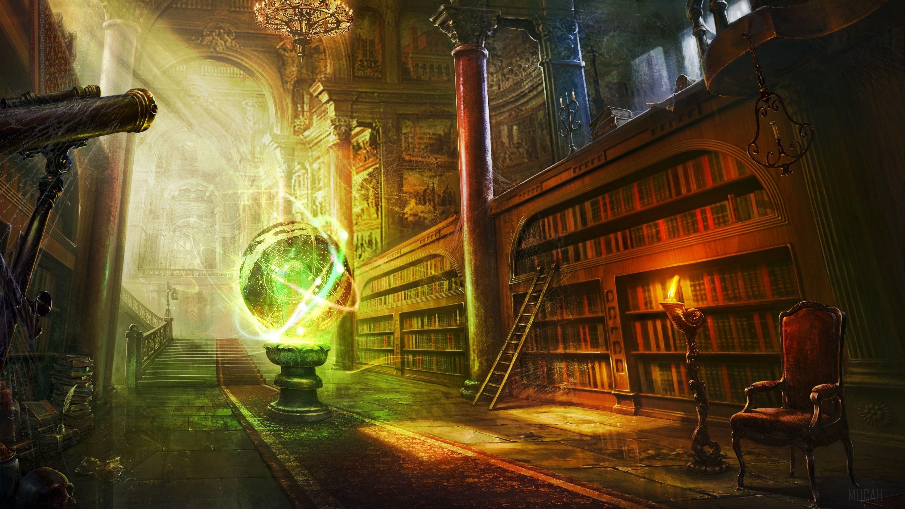 Magic Orb Radiating Light in Ancient Library HD Wallpaper