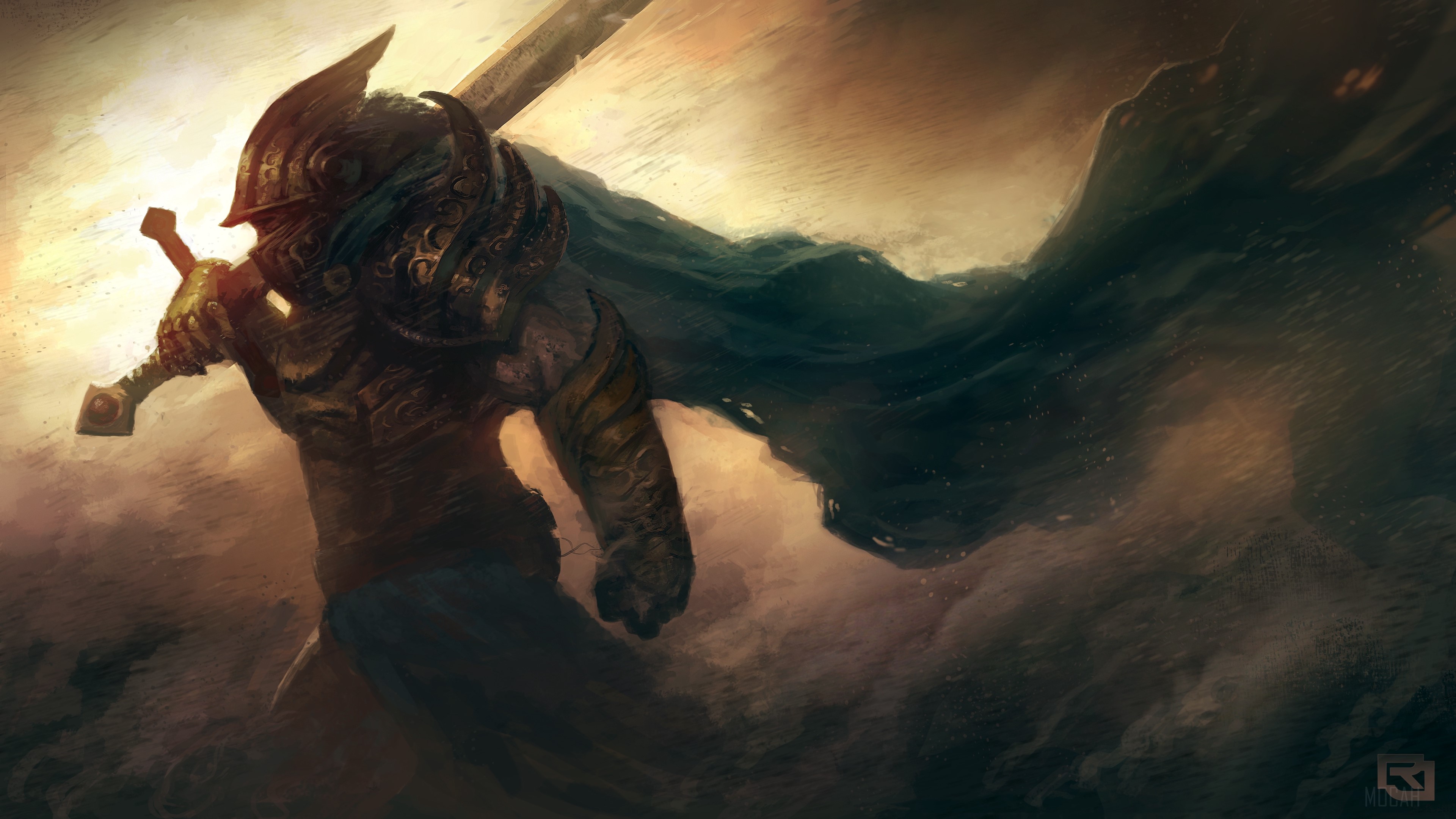 Warrior with sword and cape in storm 4K HD Wallpaper