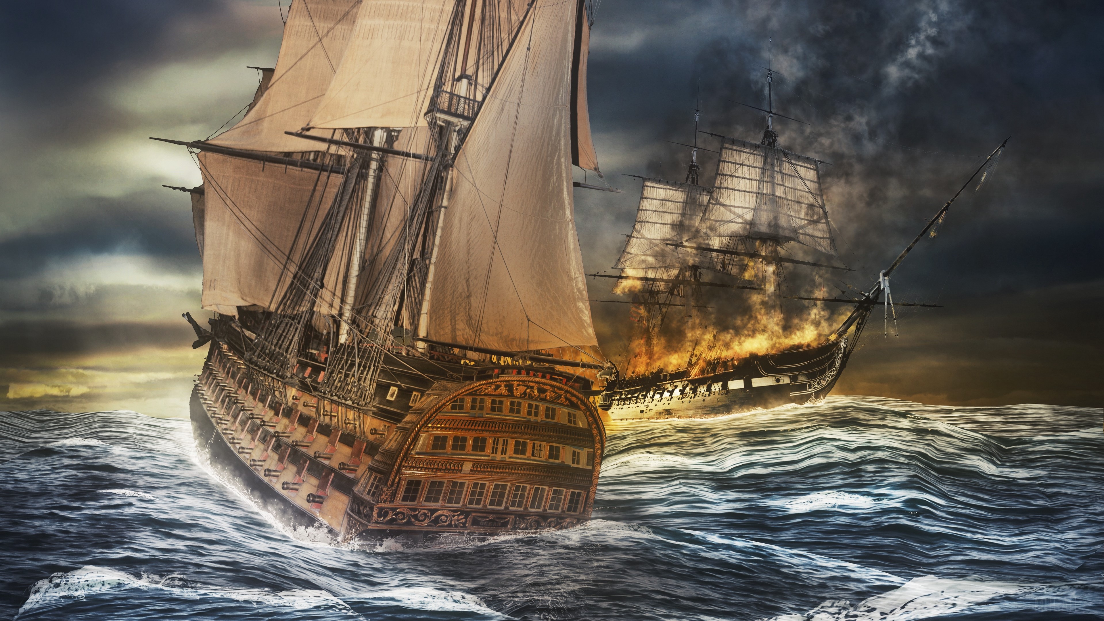 Ships in a Stormy Sea Battle 4K HD Wallpaper