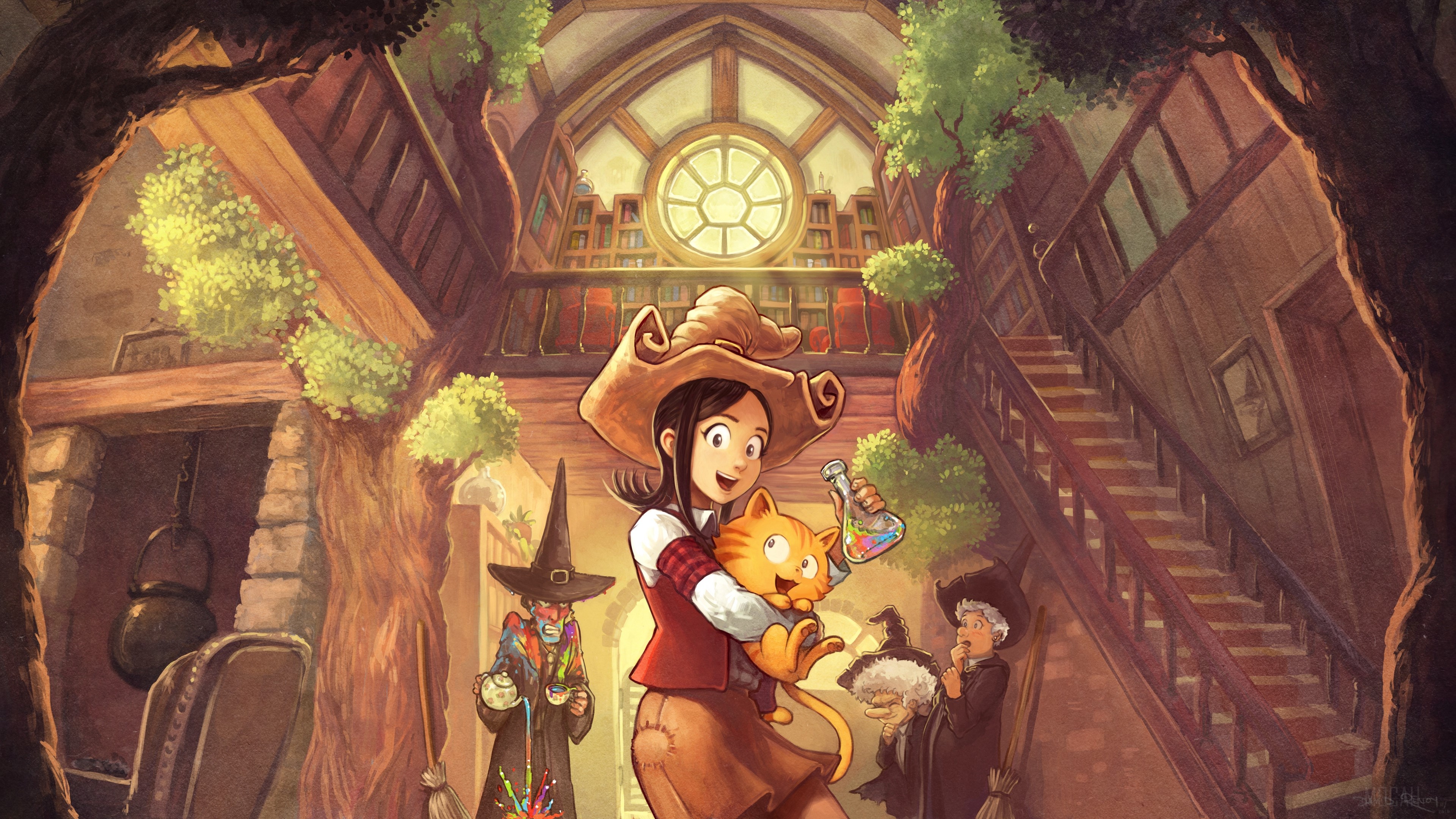 Girl with cat in a magical library 4K HD Wallpaper