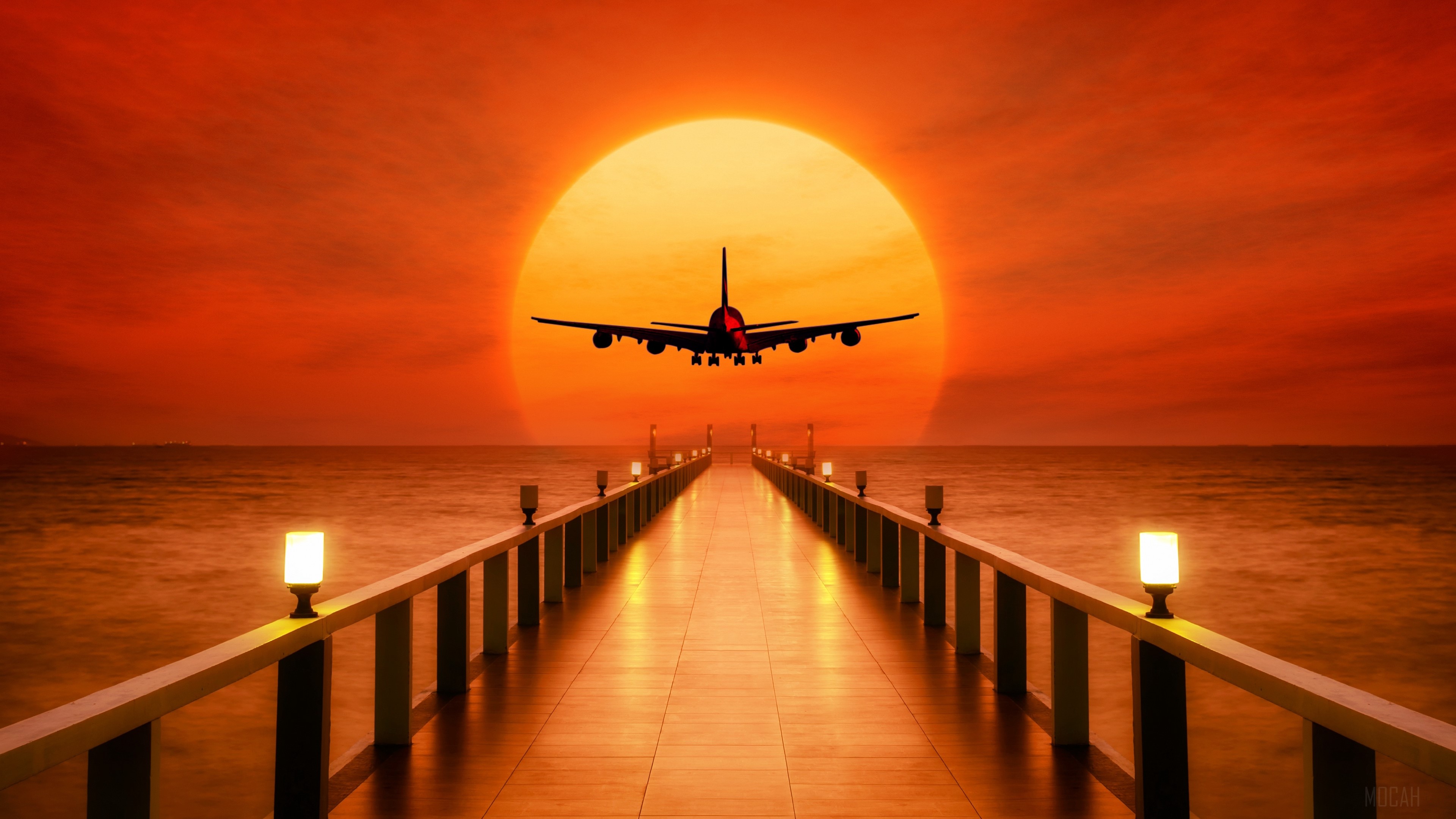 Airplane flying over a pier at sunset 4K HD Wallpaper