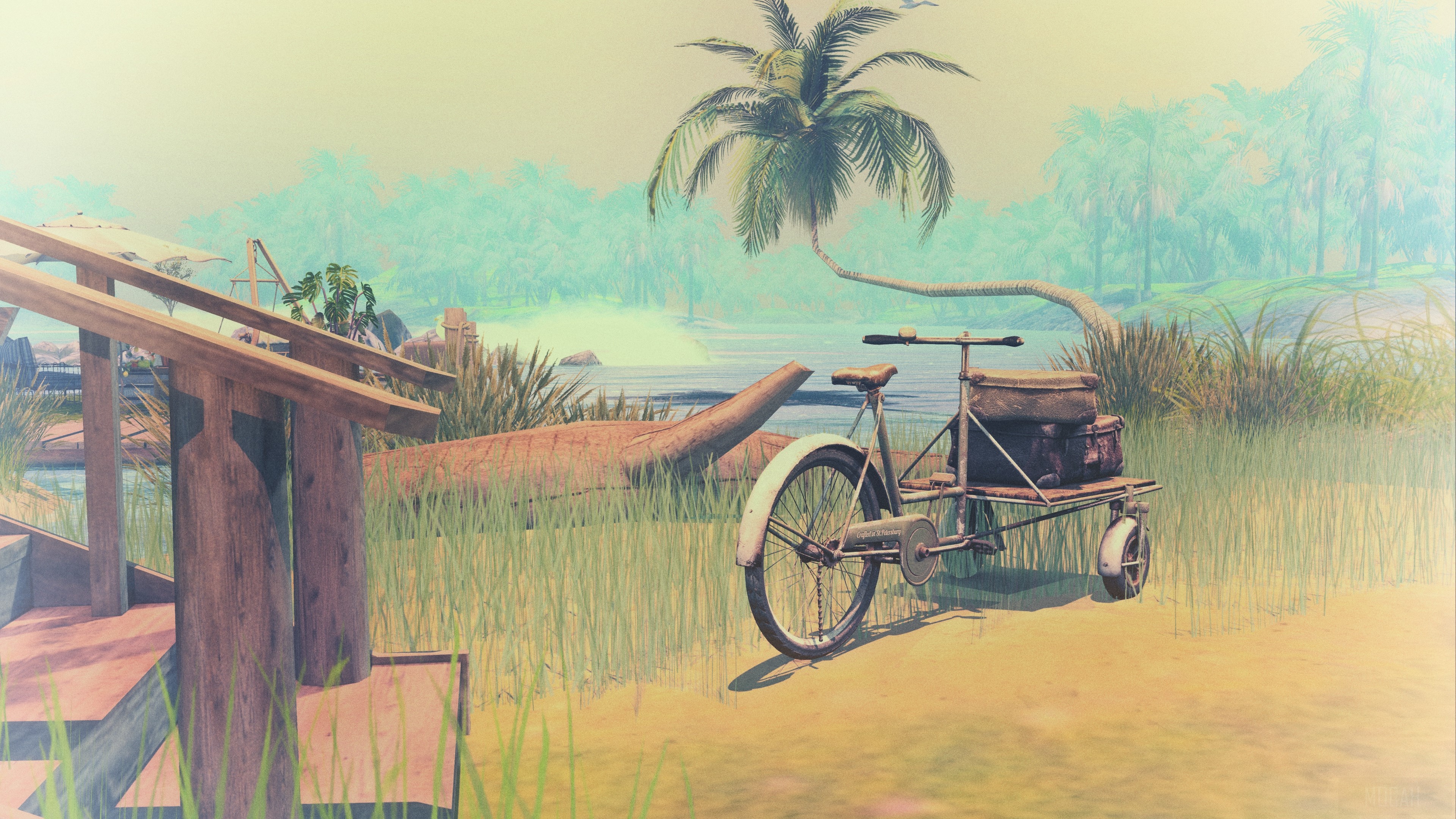 Bicycle with luggage by a lagoon with palm trees HD Wallpaper