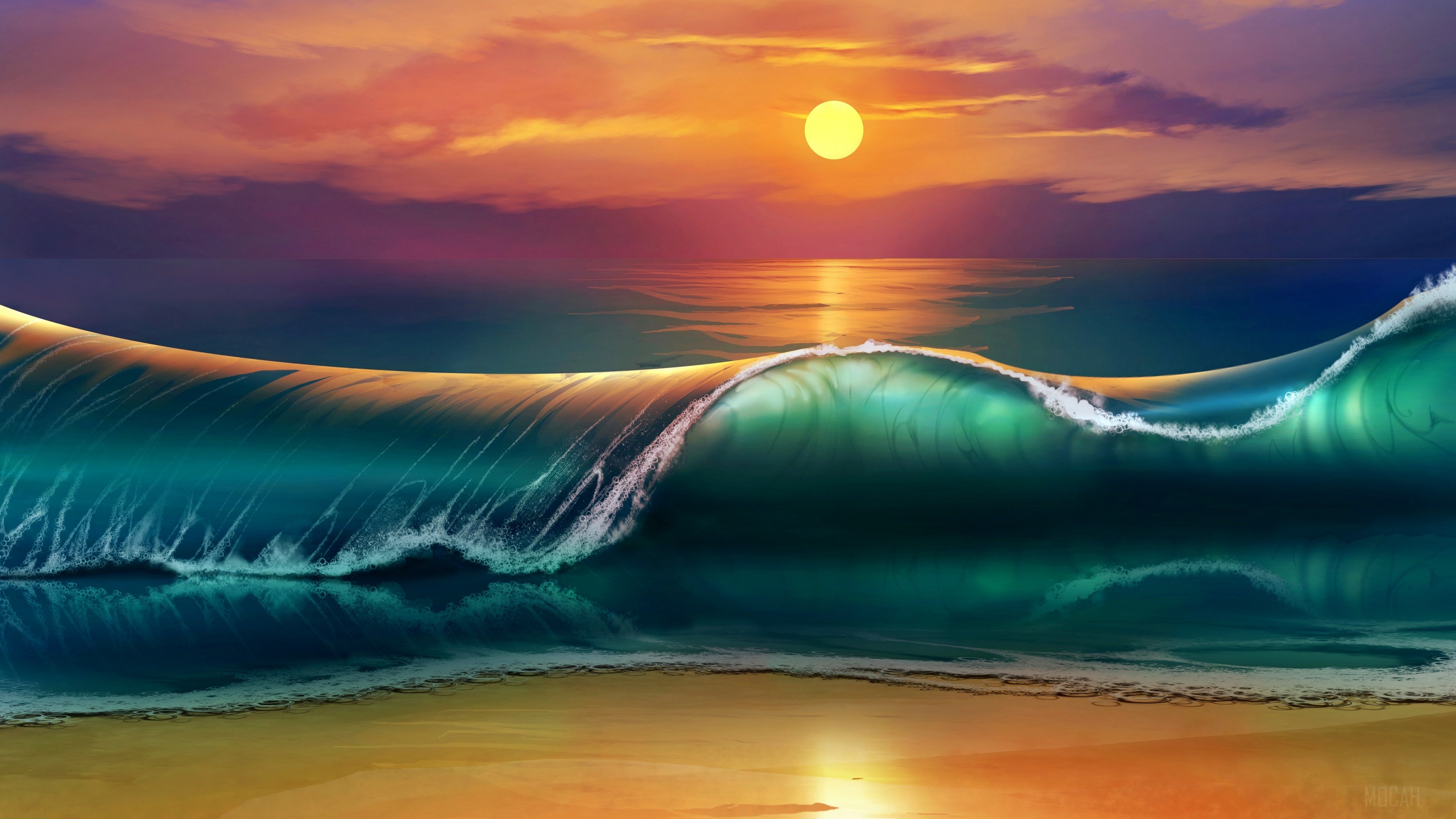 Sunset over ocean waves on a beach 4K HD Wallpaper