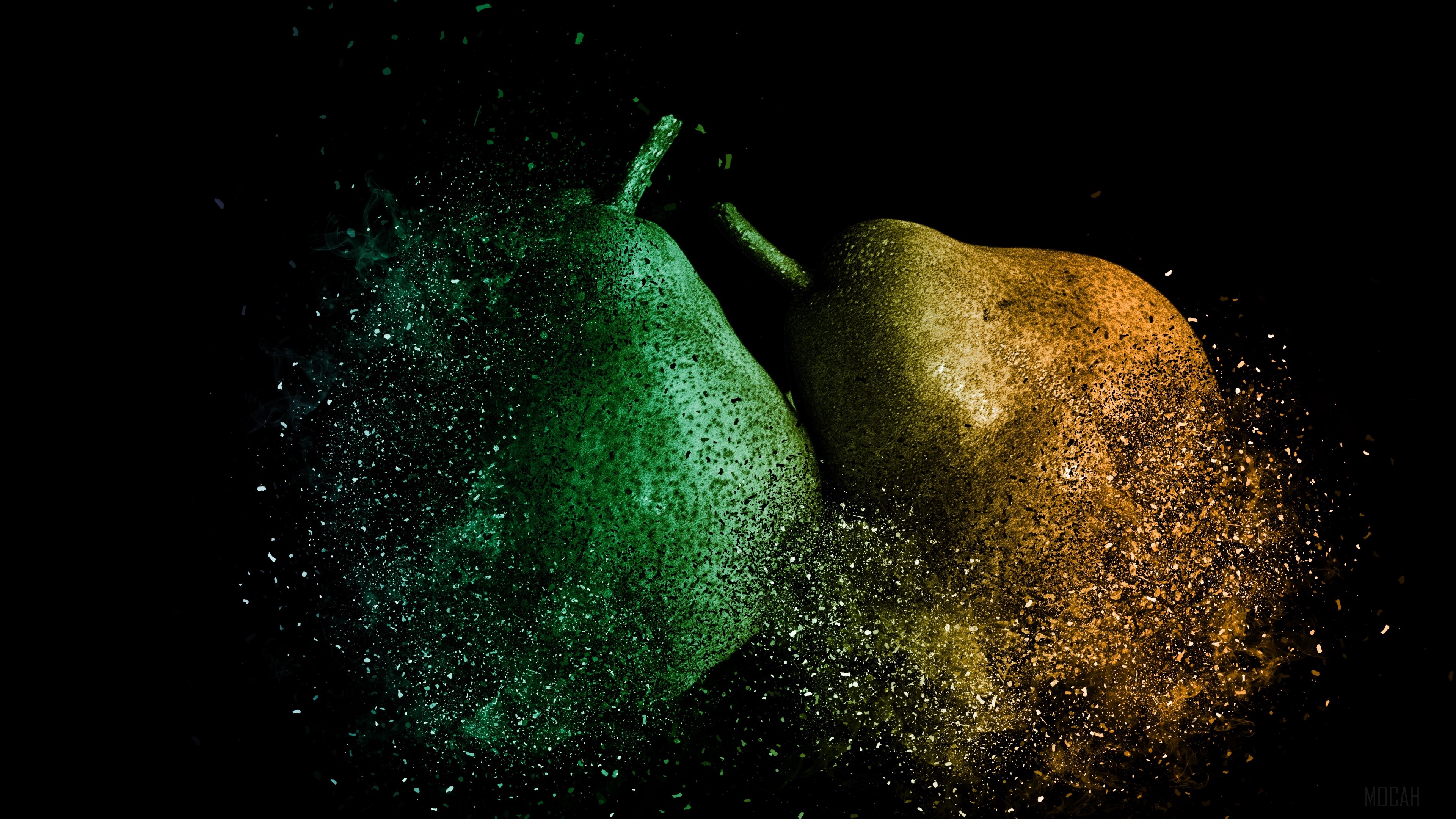 Two pears exploding into particles, 4K HD Wallpaper