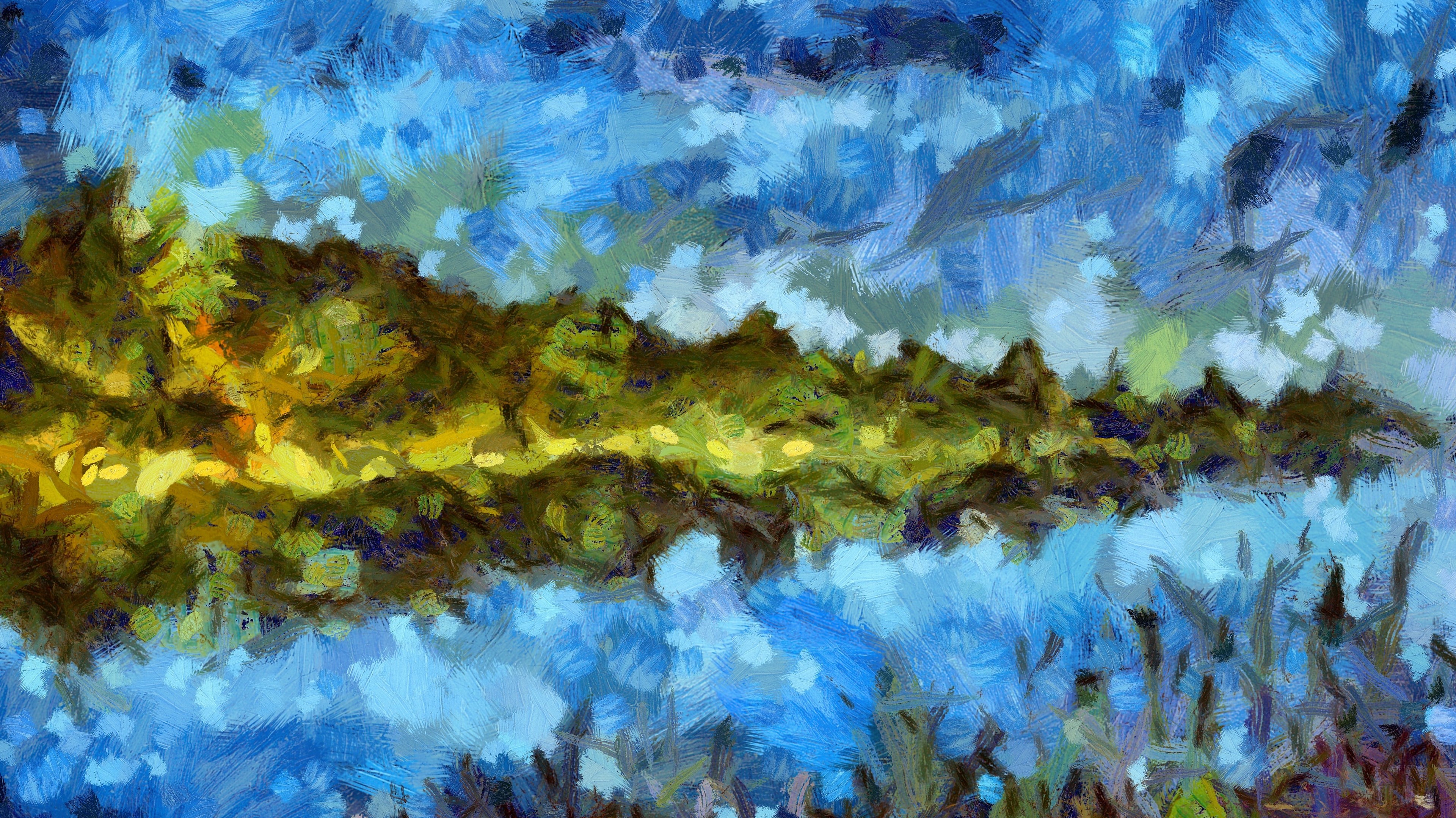 Impressionist landscape painting of a forest reflecting in water HD Wallpaper