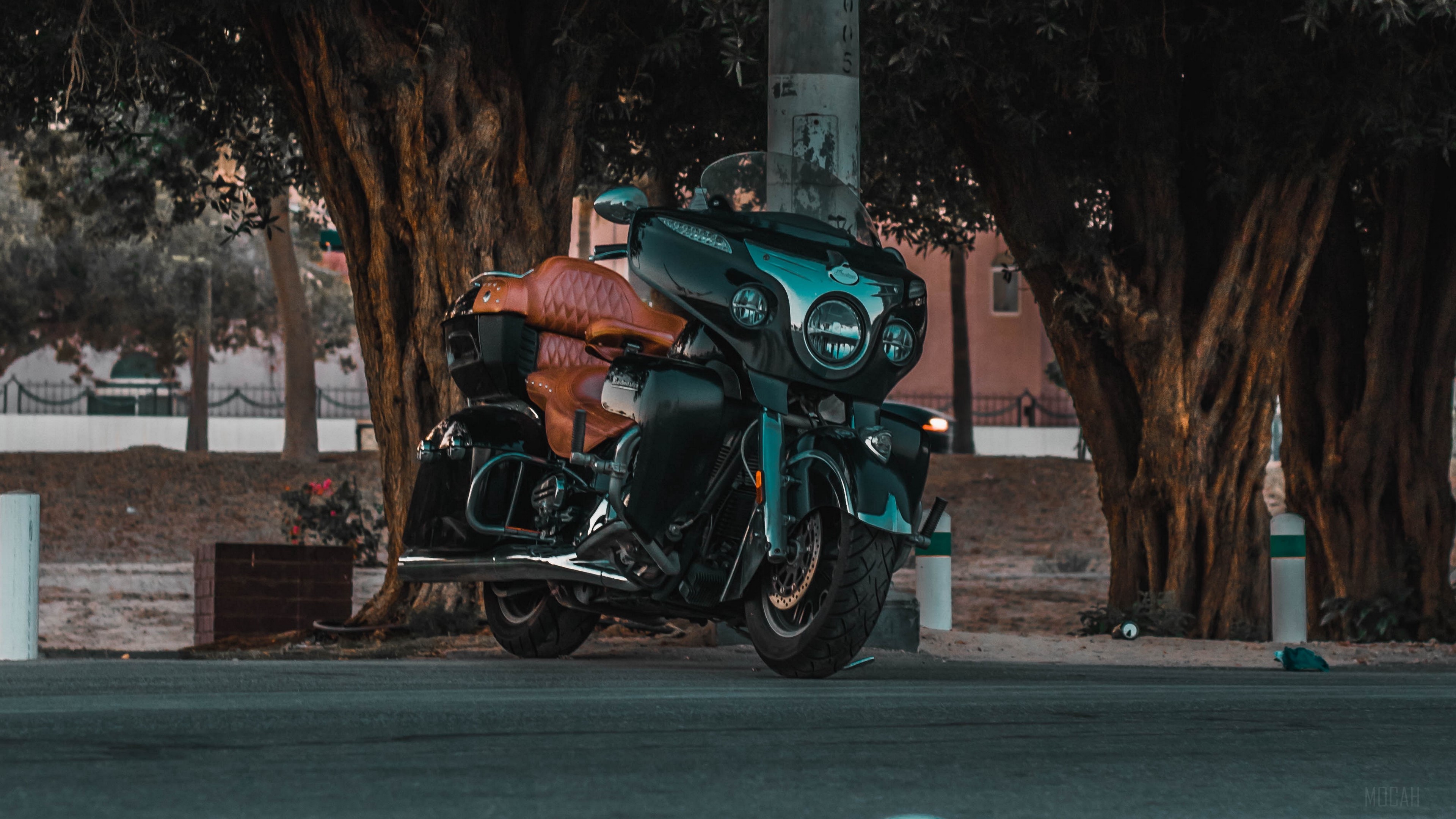 Motorcycle parked near trees on a street HD Wallpaper