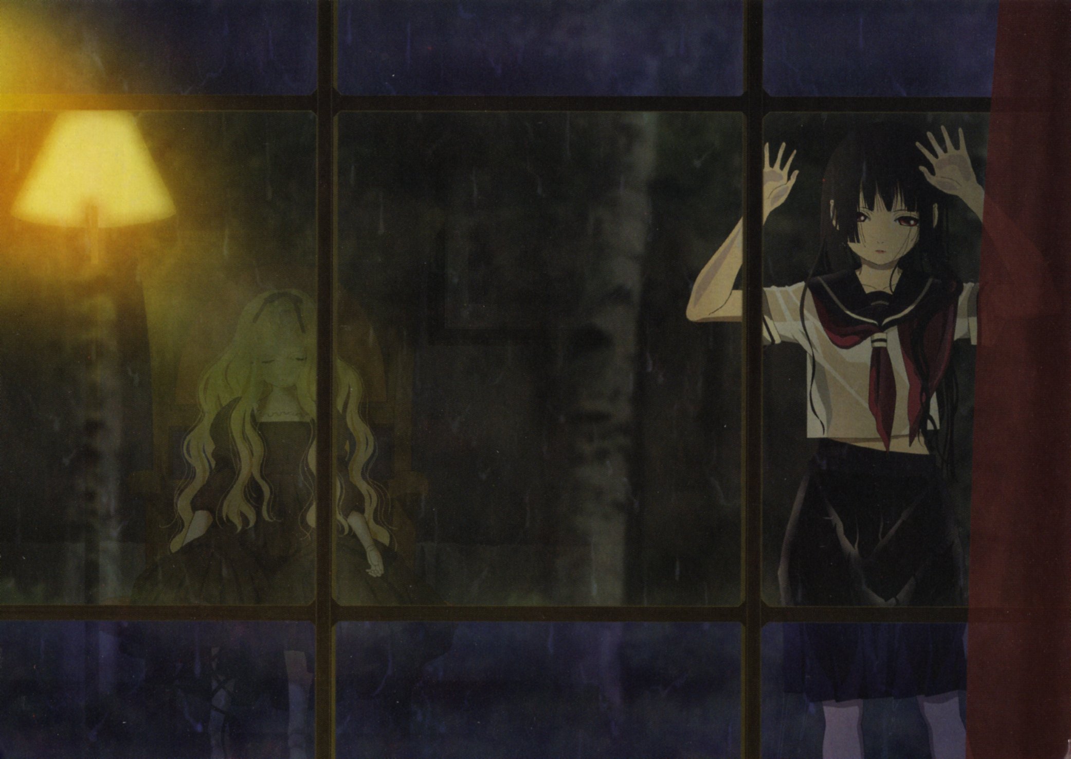 Two girls seen through a rainy window HD Wallpaper