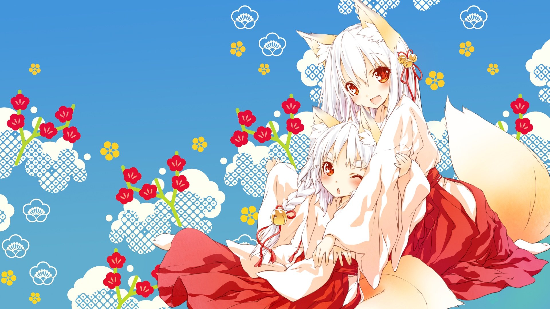 Two fox spirits in kimonos with tails and ears HD Wallpaper