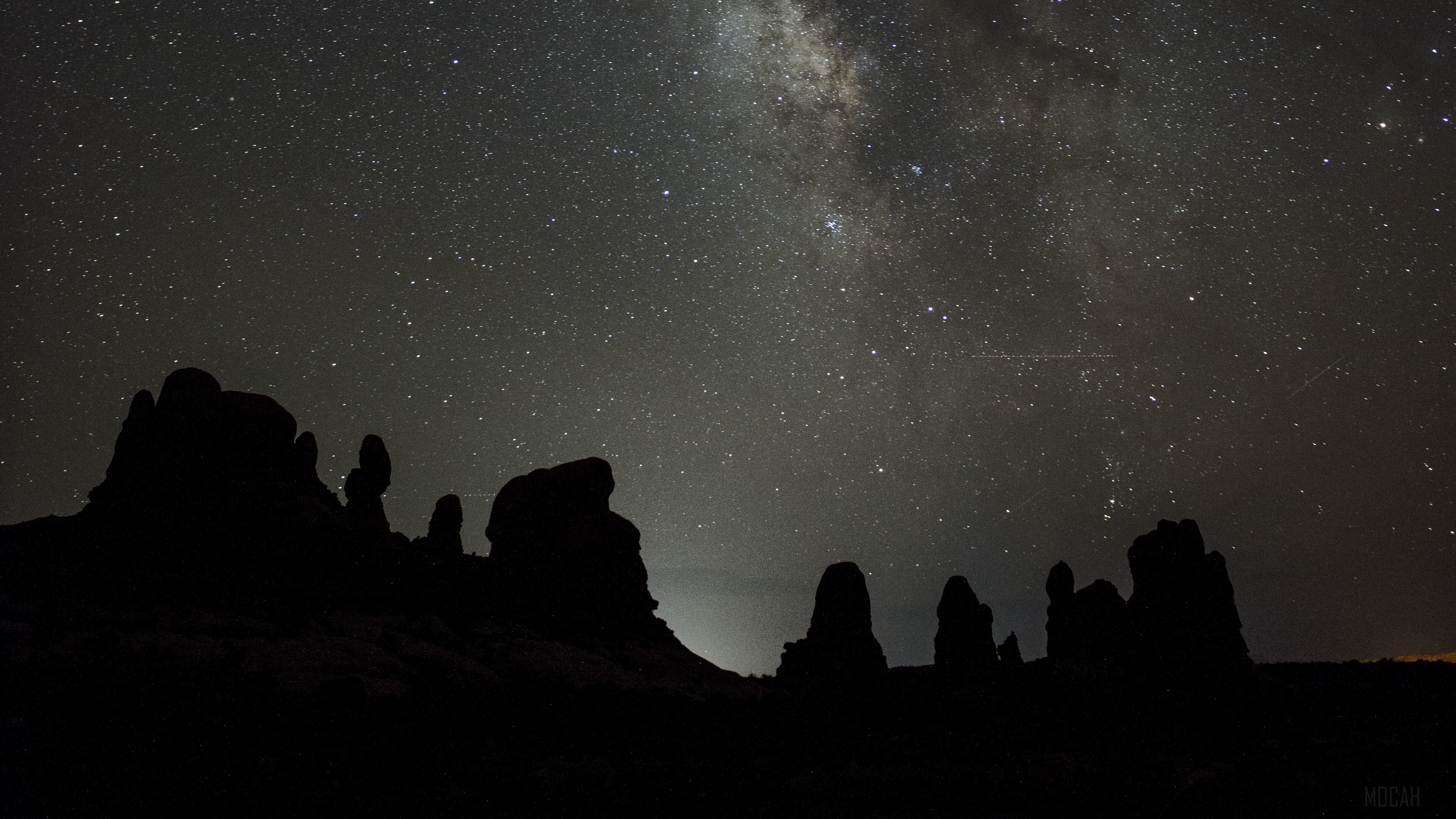 Starry sky and Milky Way over rock formations HD Wallpaper
