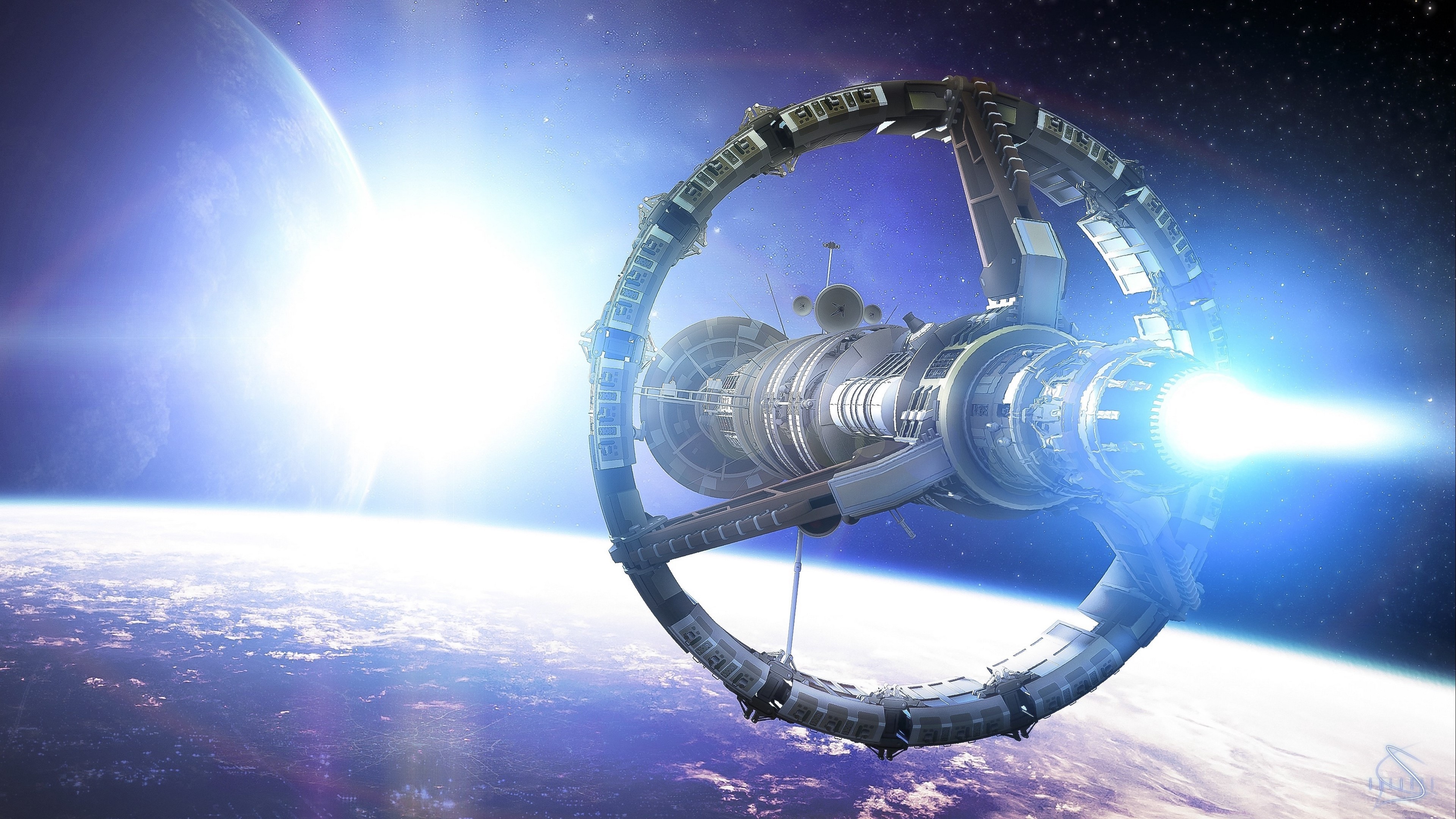 Space station orbiting a planet with bright sun HD Wallpaper