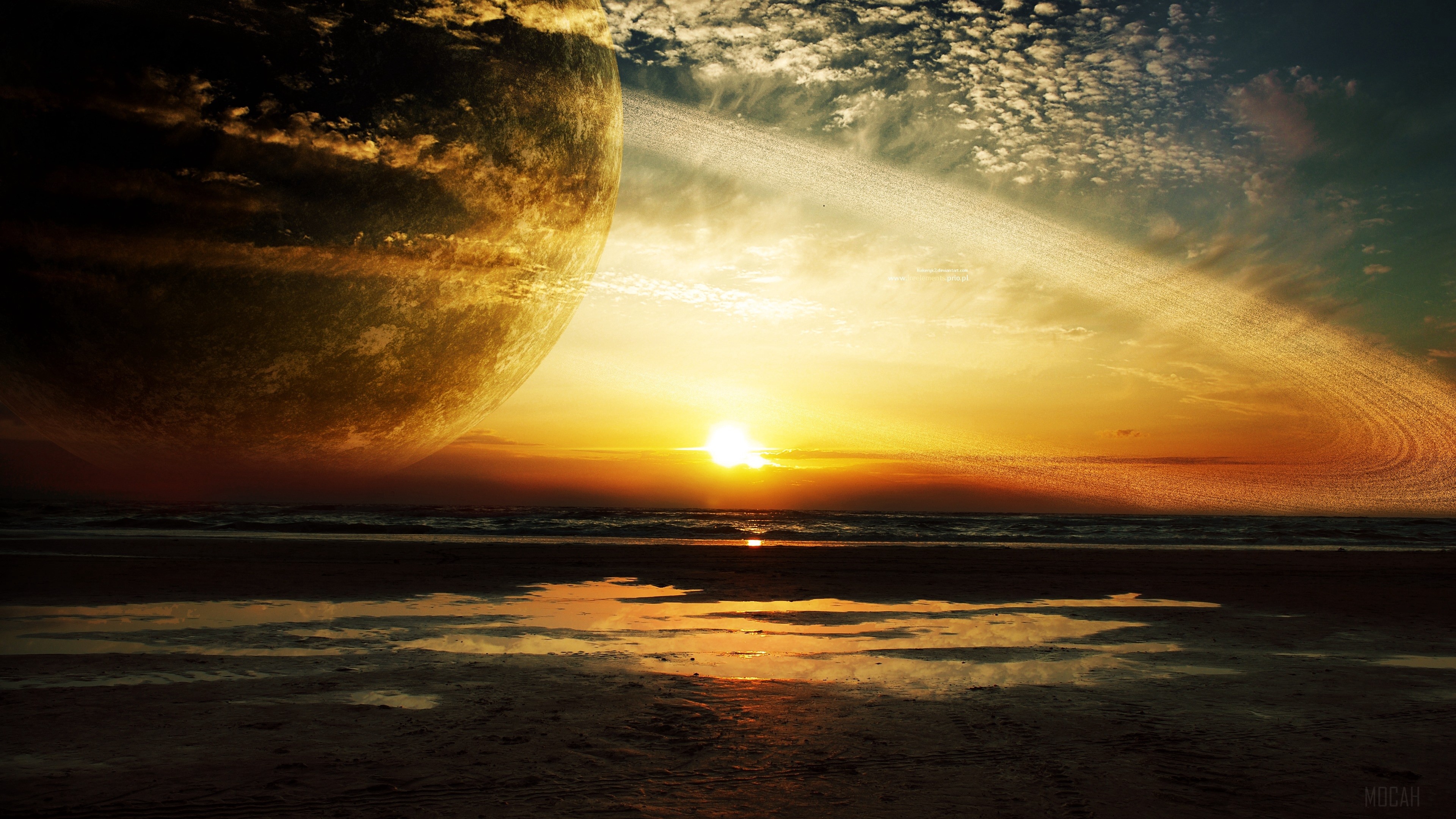 Planet with rings over ocean sunset 4K HD Wallpaper