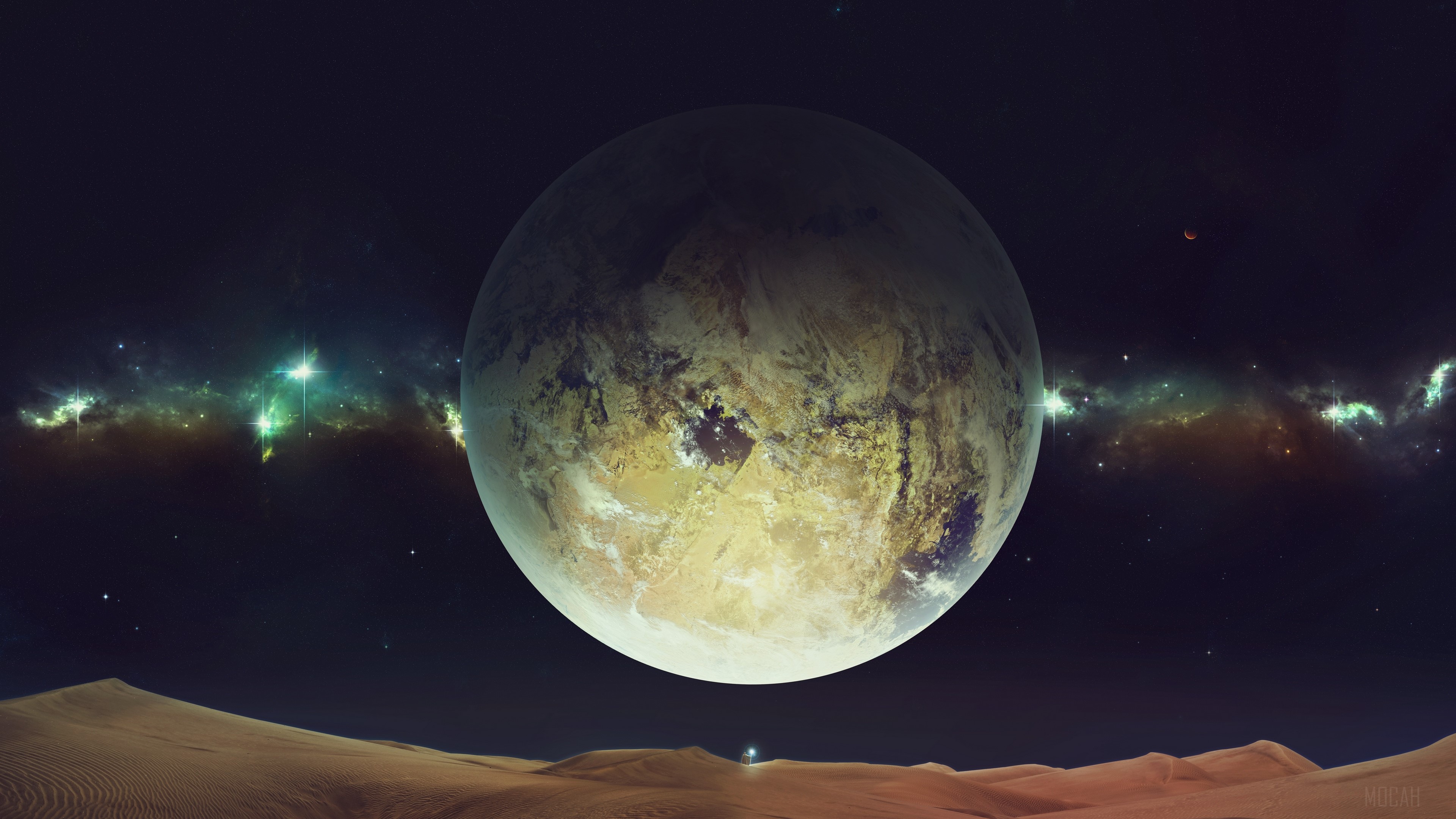 Planet in space with nebula and desert landscape HD Wallpaper
