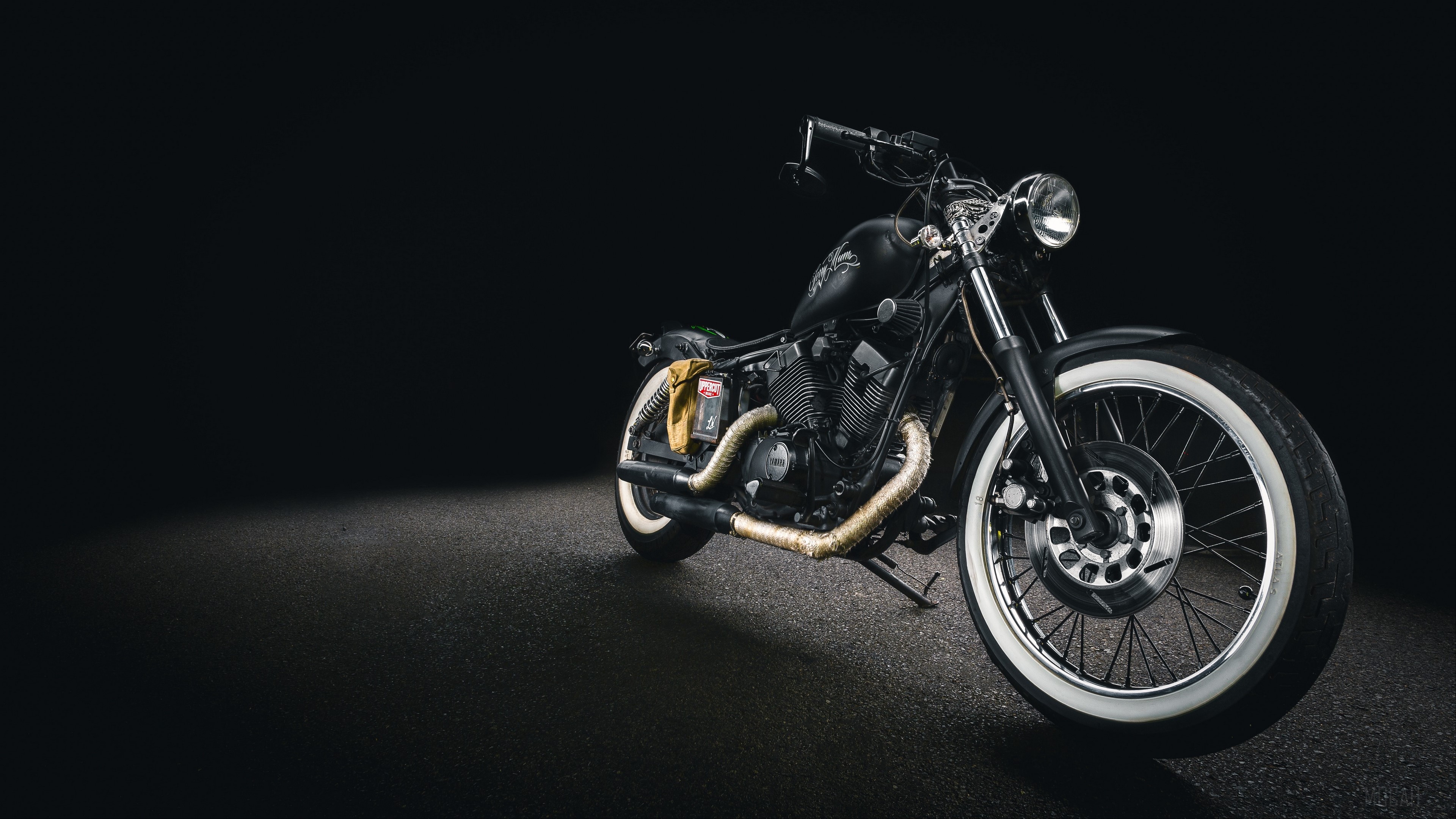 Custom black motorcycle with white wall tires 4K HD Wallpaper