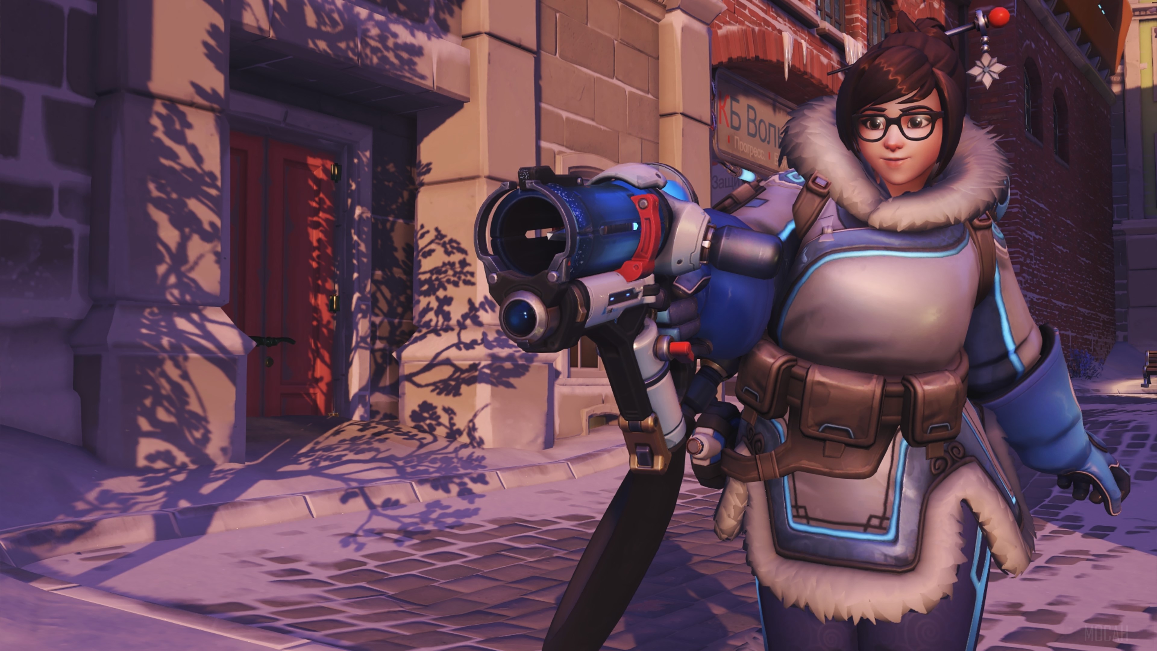 Mei from Overwatch in a snowy town HD Wallpaper