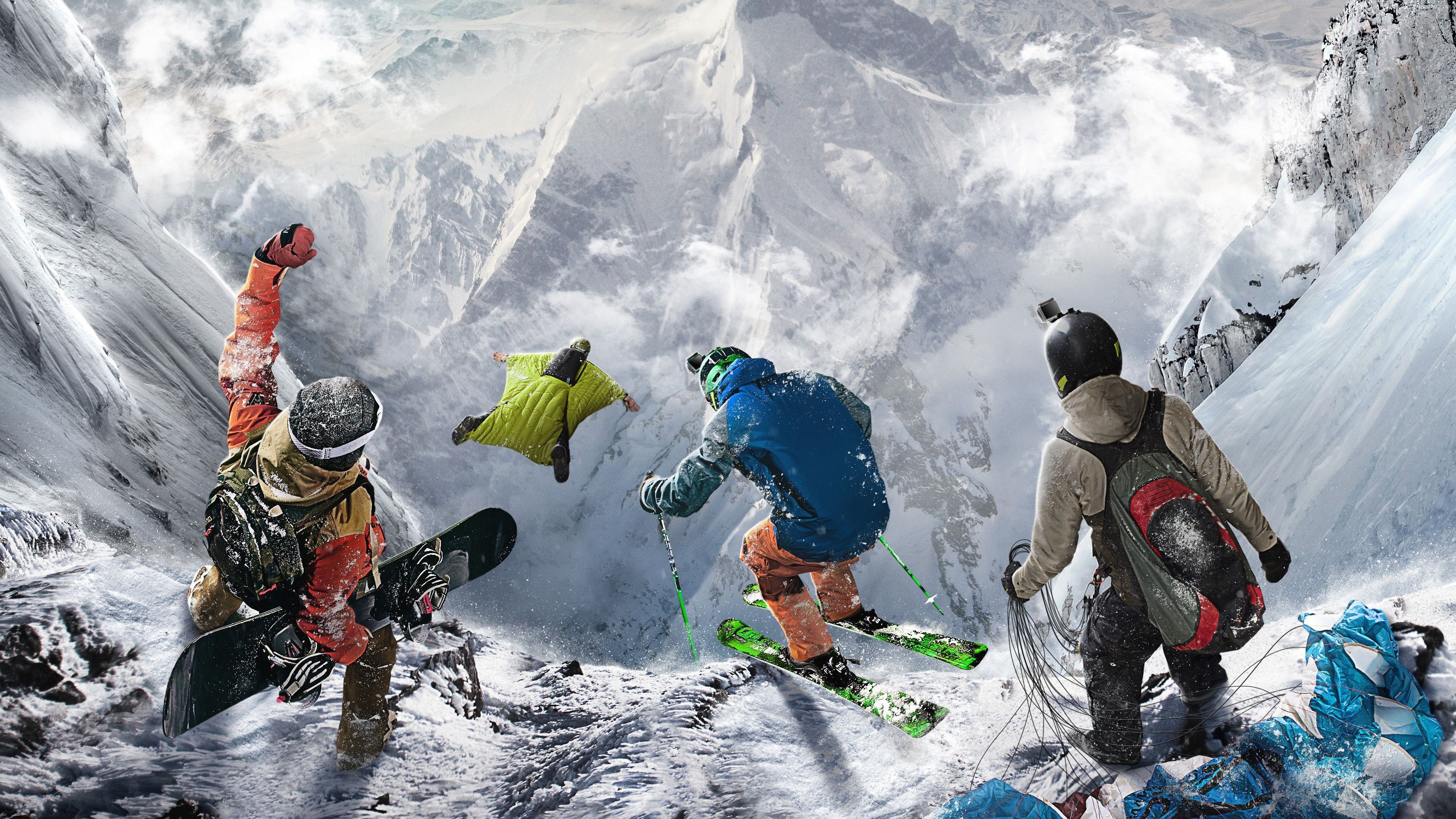 Extreme sports athletes in snowy mountains 4K HD Wallpaper
