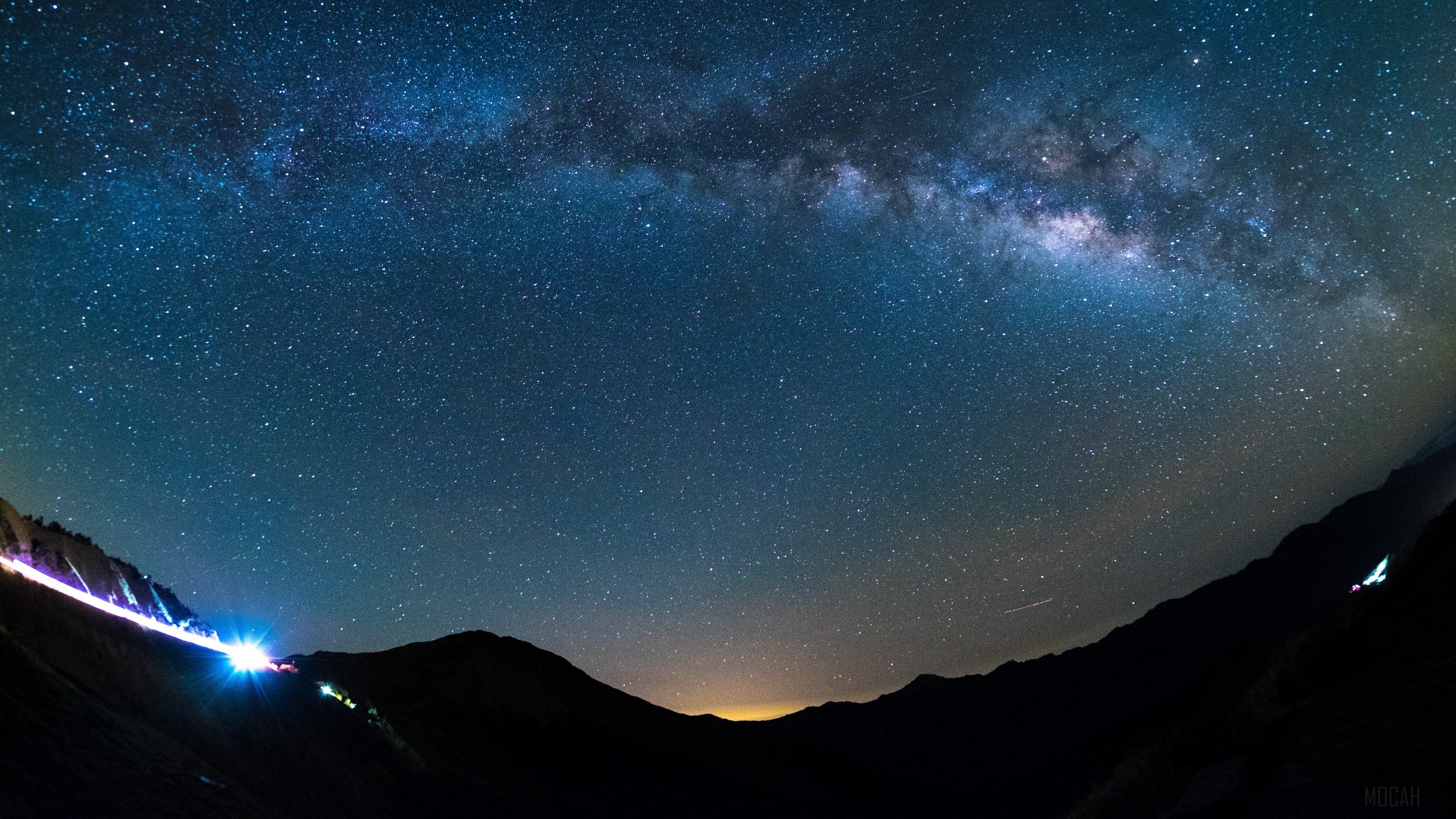 Starry Sky Over Mountains with Lights HD Wallpaper