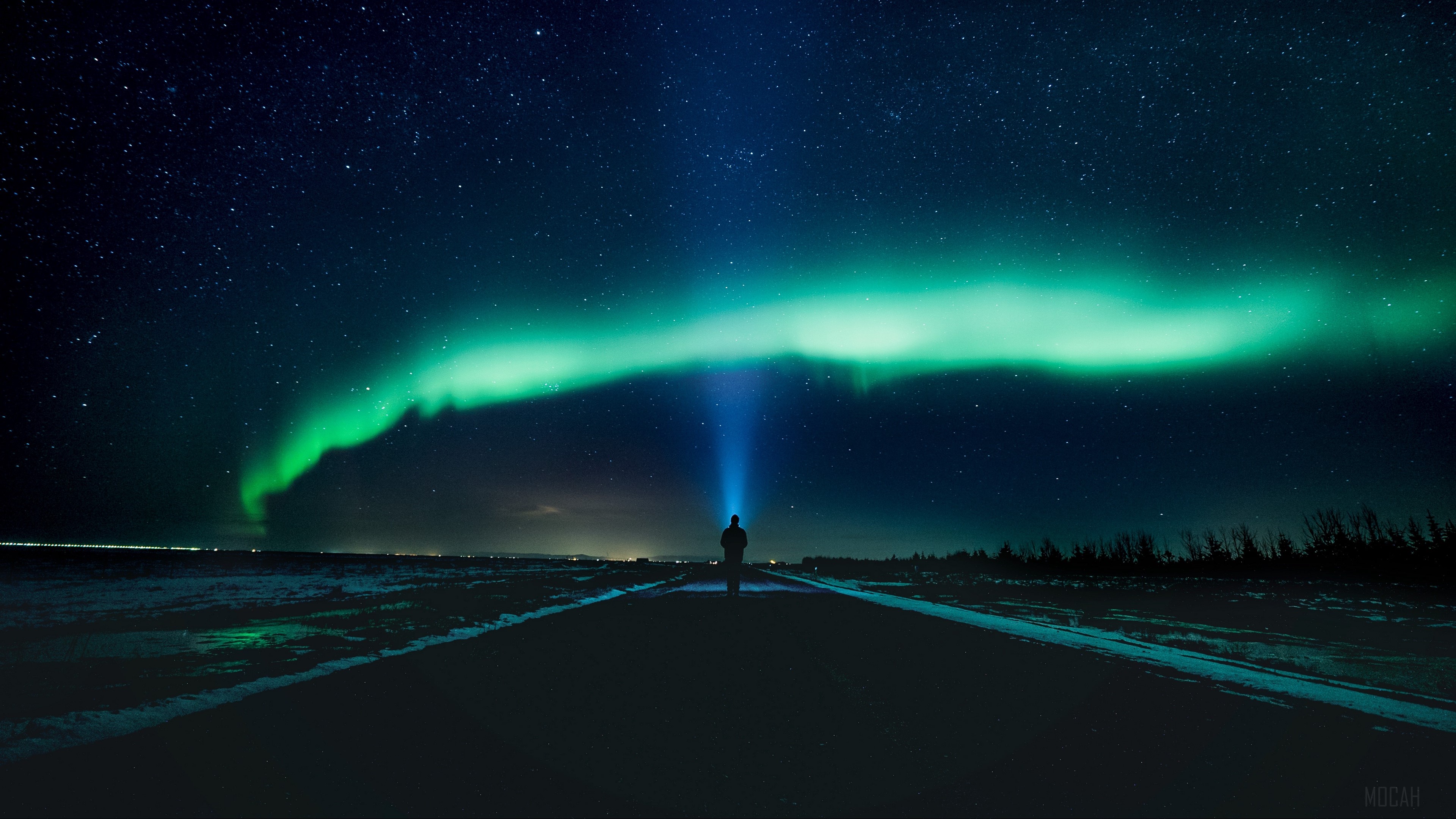 Silhouette under Aurora Borealis with Starry Sky HD Wallpaper