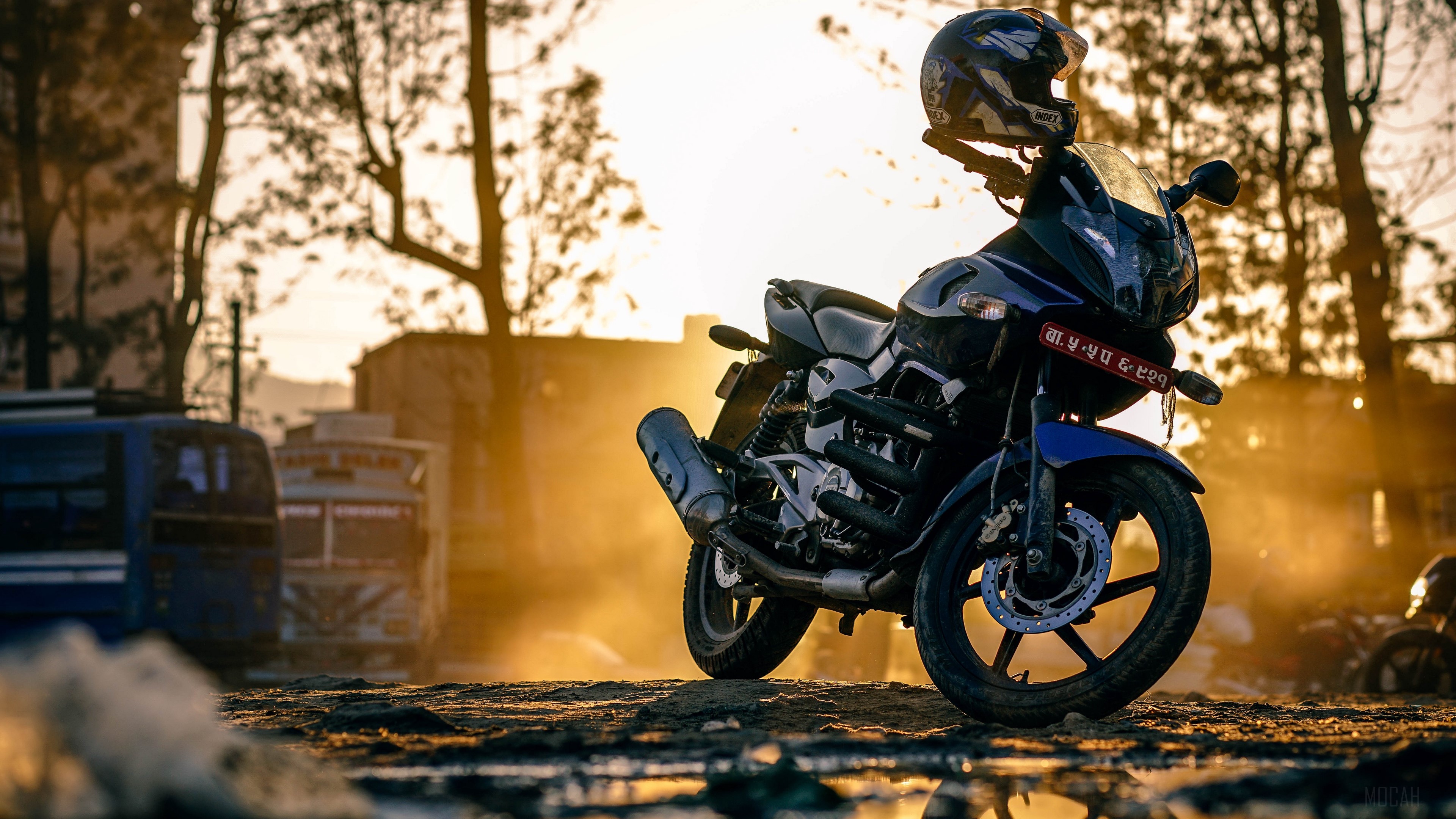 Motorcycle with helmet on street 4K HD Wallpaper