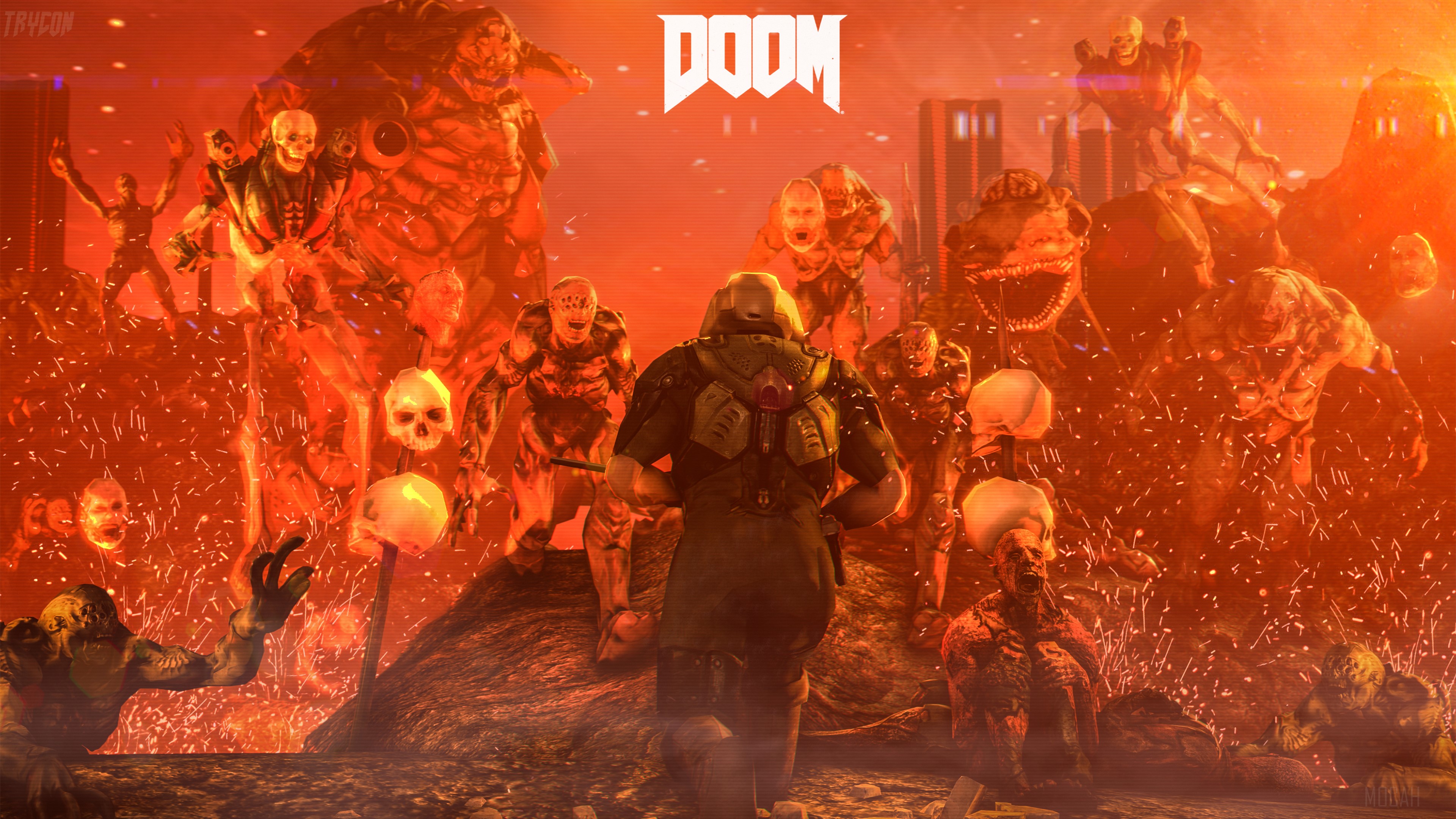 Doom Slayer surrounded by demons in hell 4K HD Wallpaper