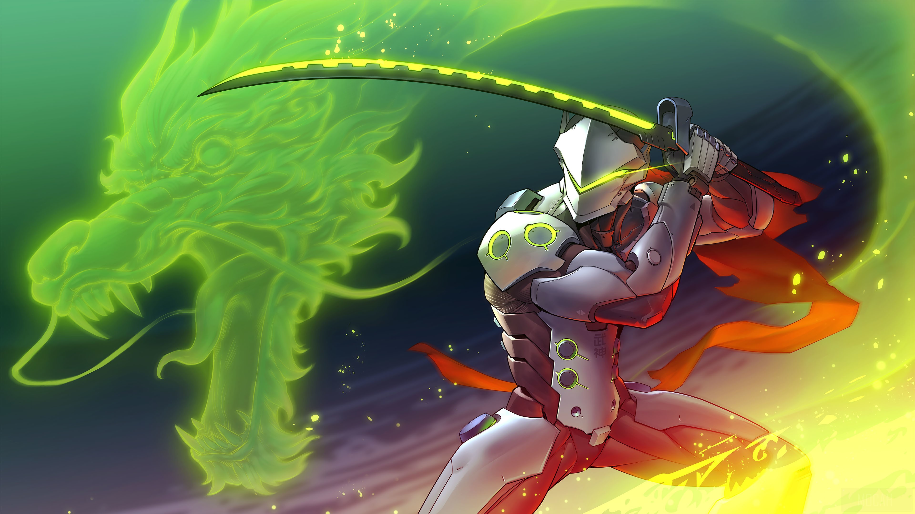 Genji from Overwatch with a green dragon 4K HD Wallpaper