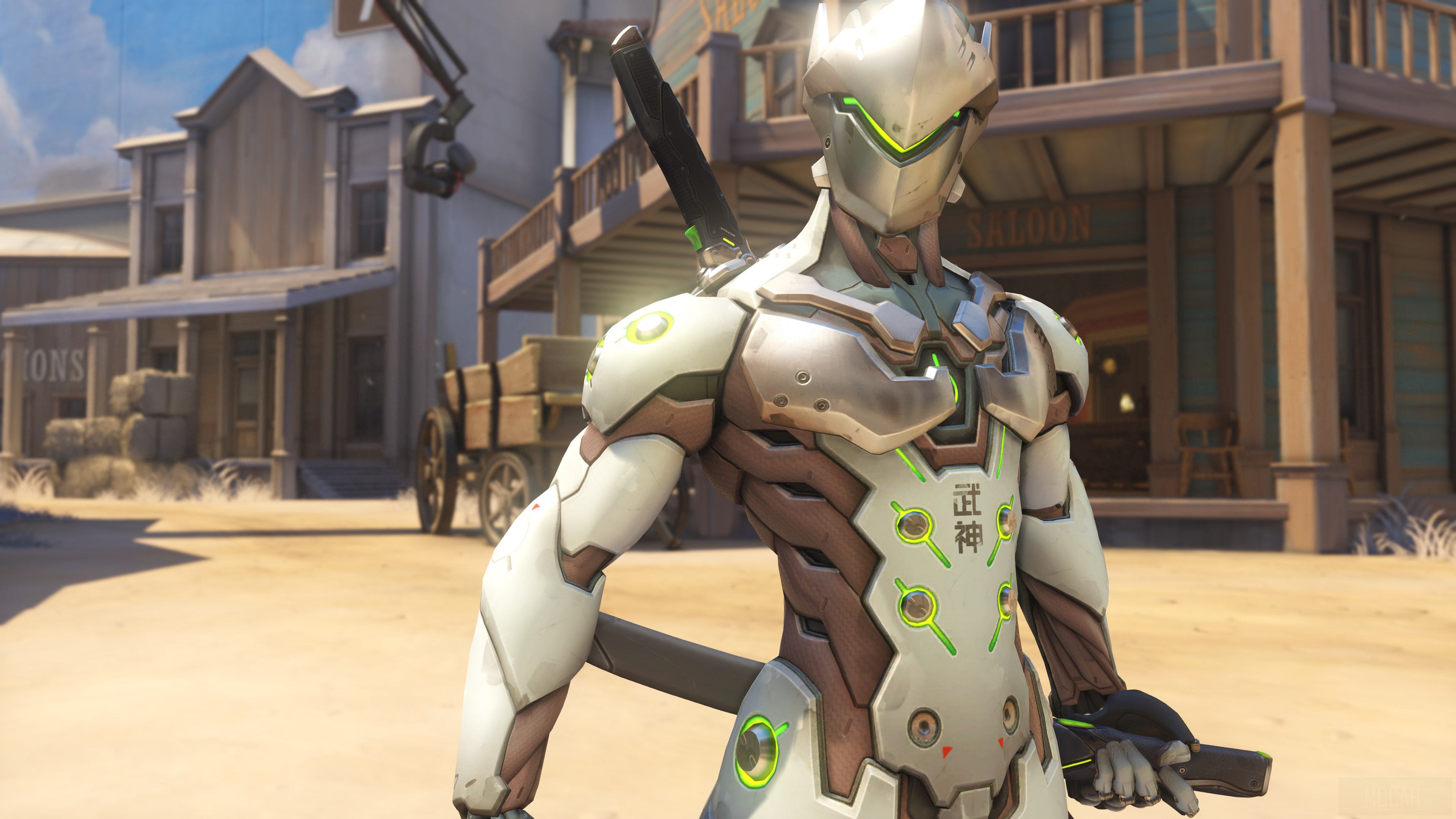 Genji from Overwatch in a Western town HD Wallpaper