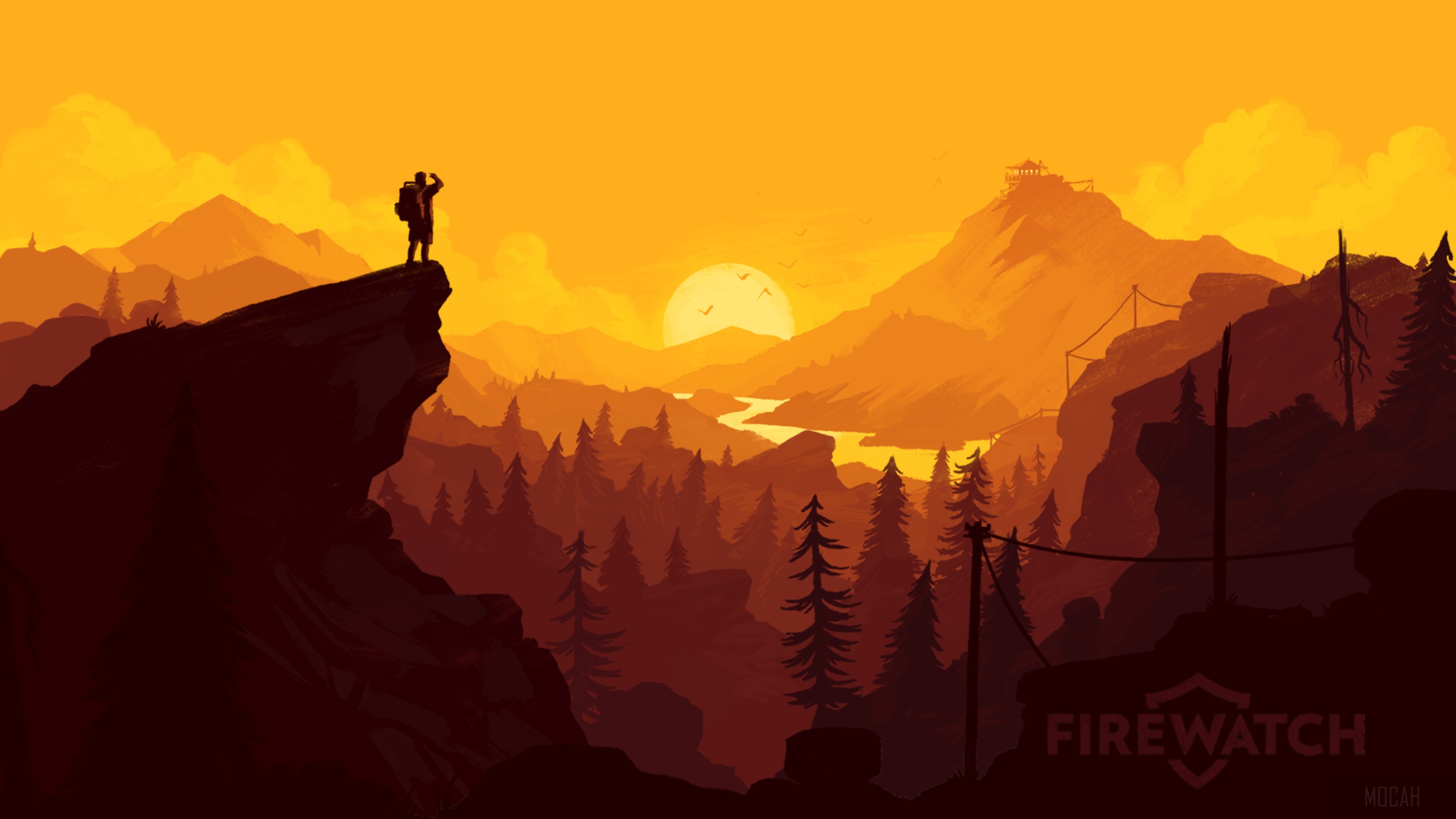 Firewatch game art with hiker at sunset HD Wallpaper