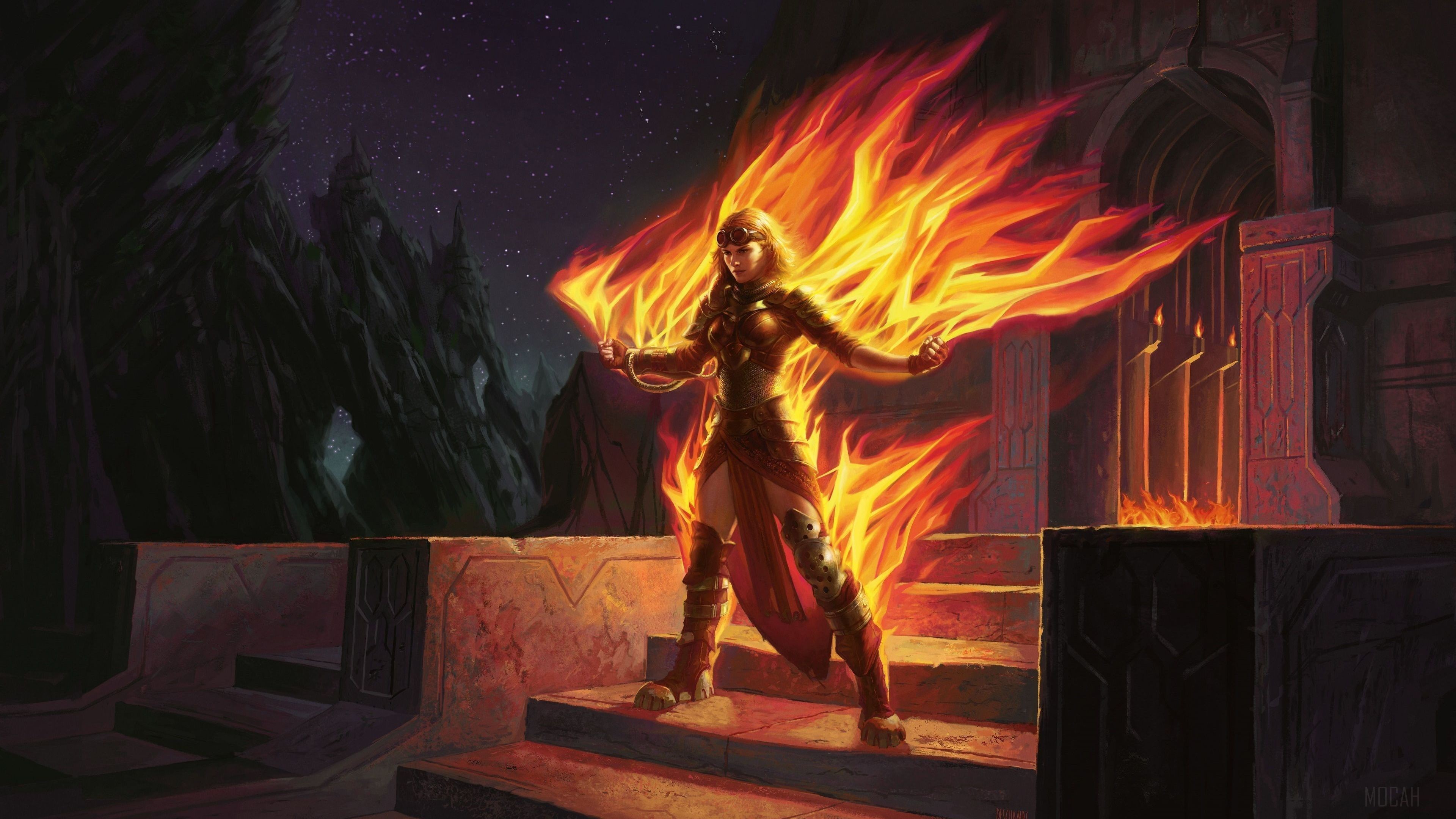 Woman engulfed in flames from Magic The Gathering 4K HD Wallpaper