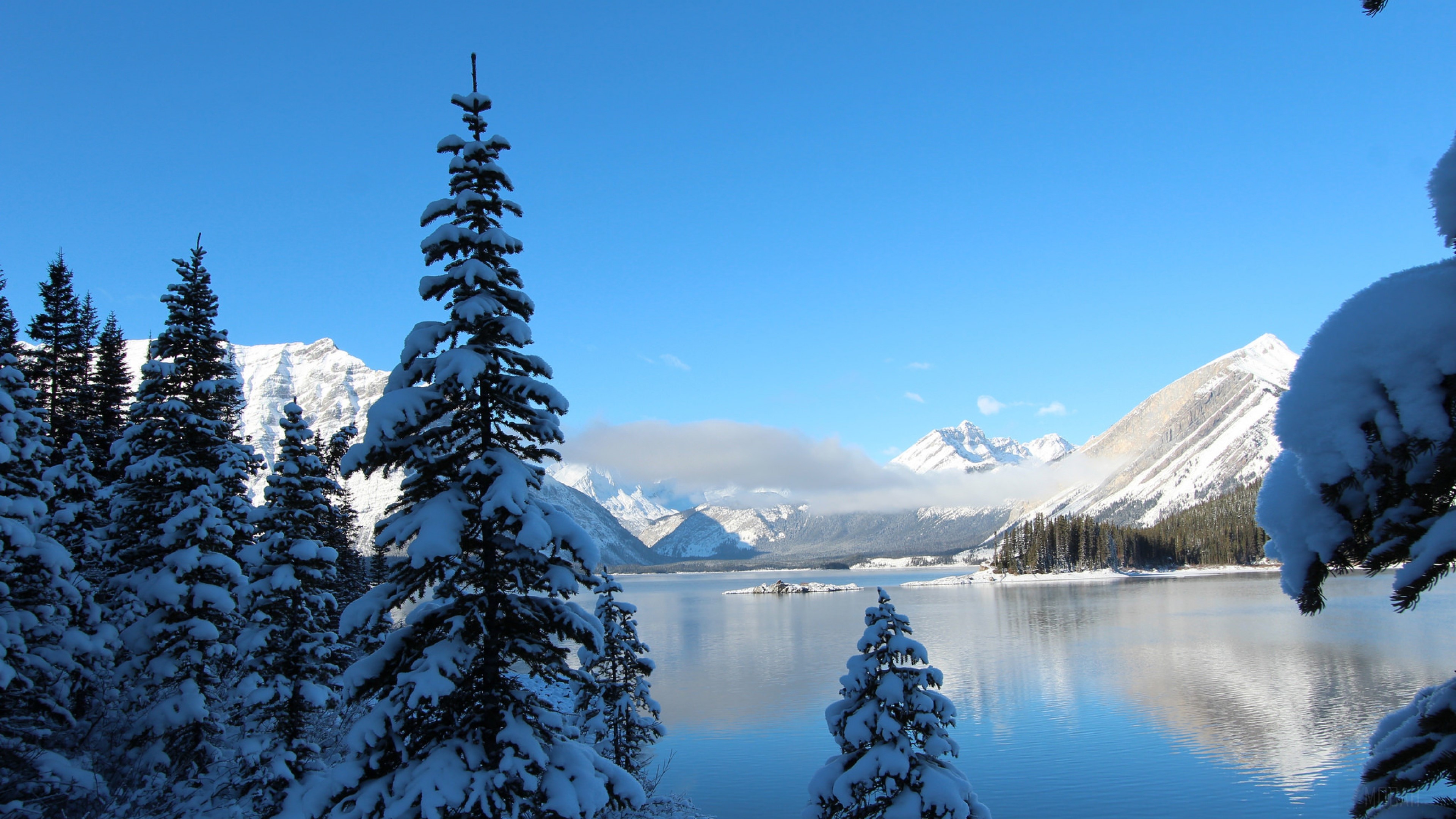 Winter Snow Lake Mountains 4K HD Wallpaper