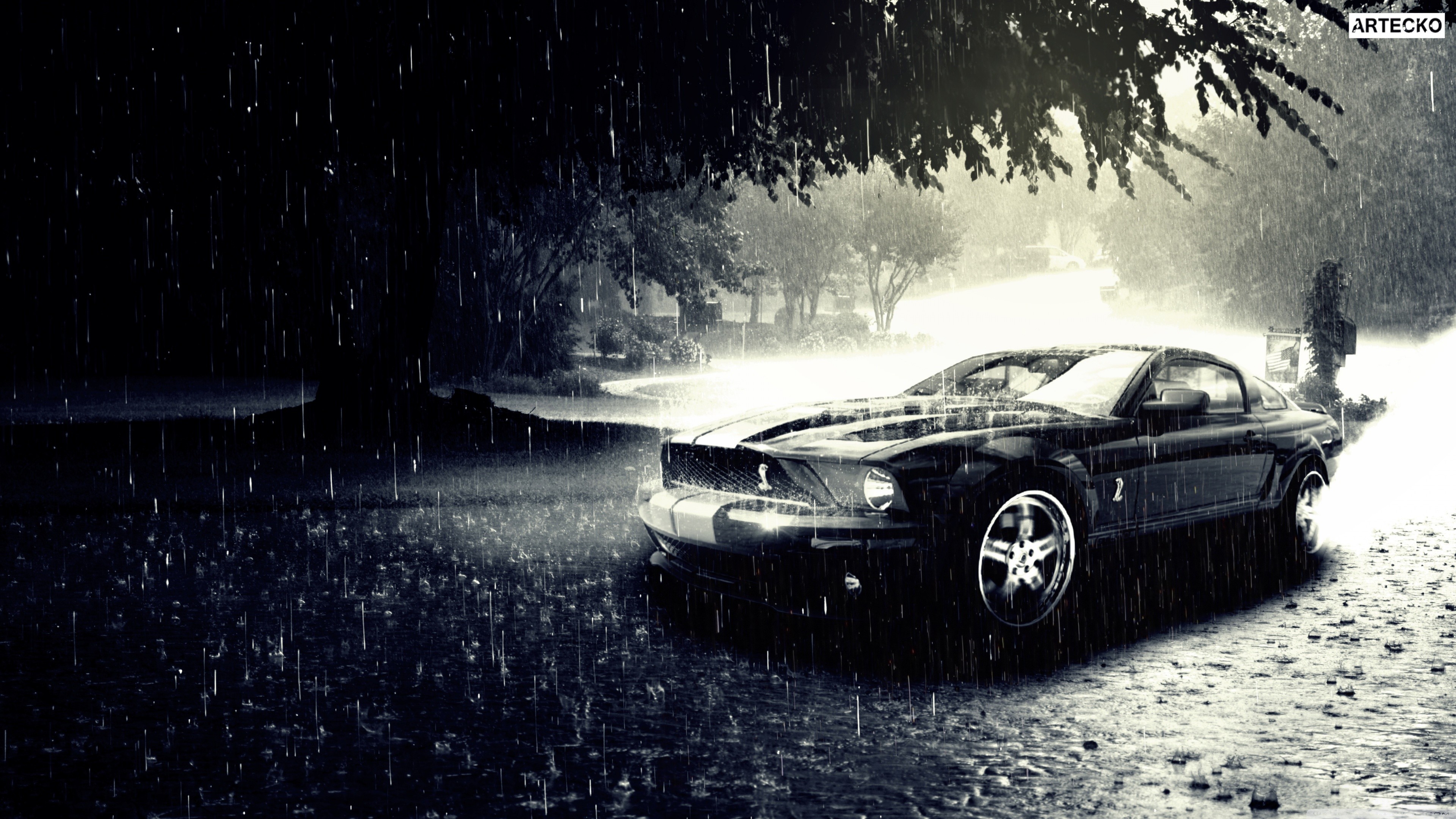 Black Ford Mustang driving in the rain 4K HD Wallpaper
