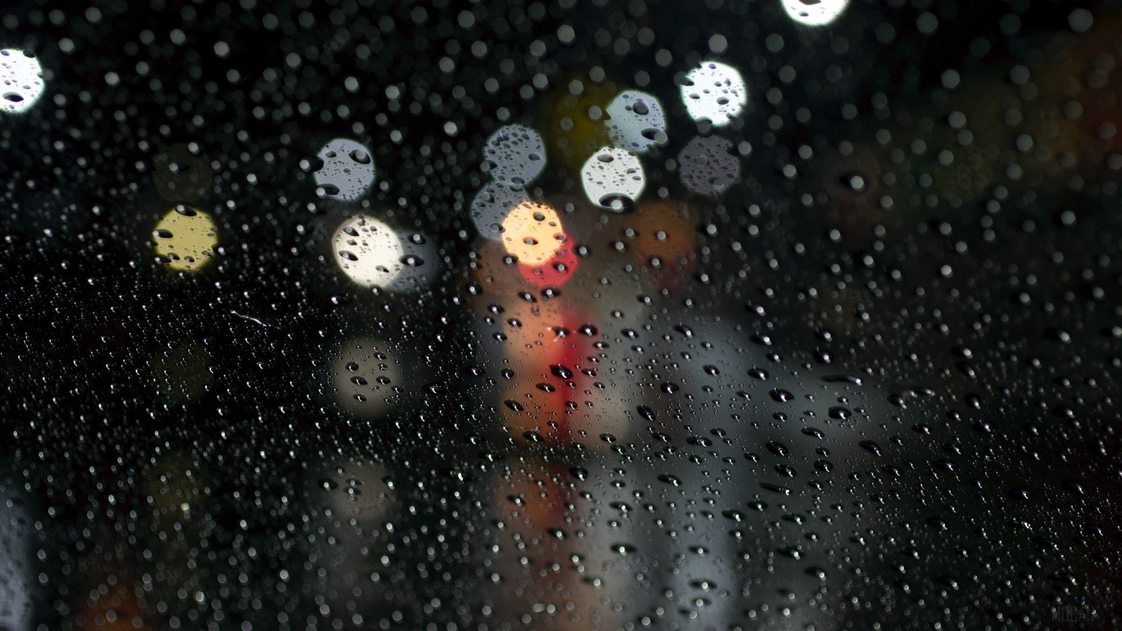Raindrops on Glass with Bokeh Lights 4K HD Wallpaper