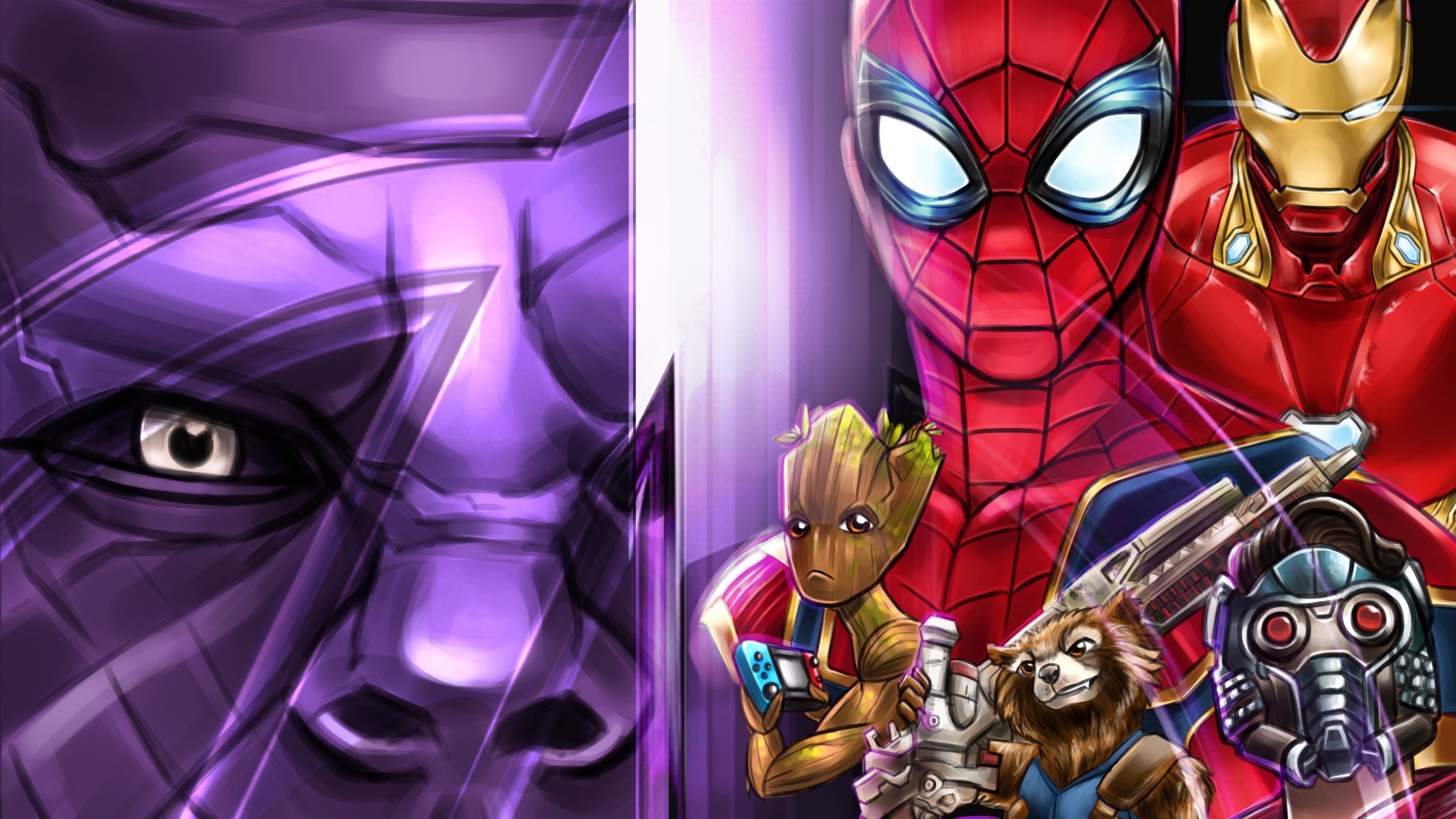 Thanos, Iron Man, Spider-Man, Groot, and Rocket Raccoon from Avengers Infinity War 4K HD Wallpaper