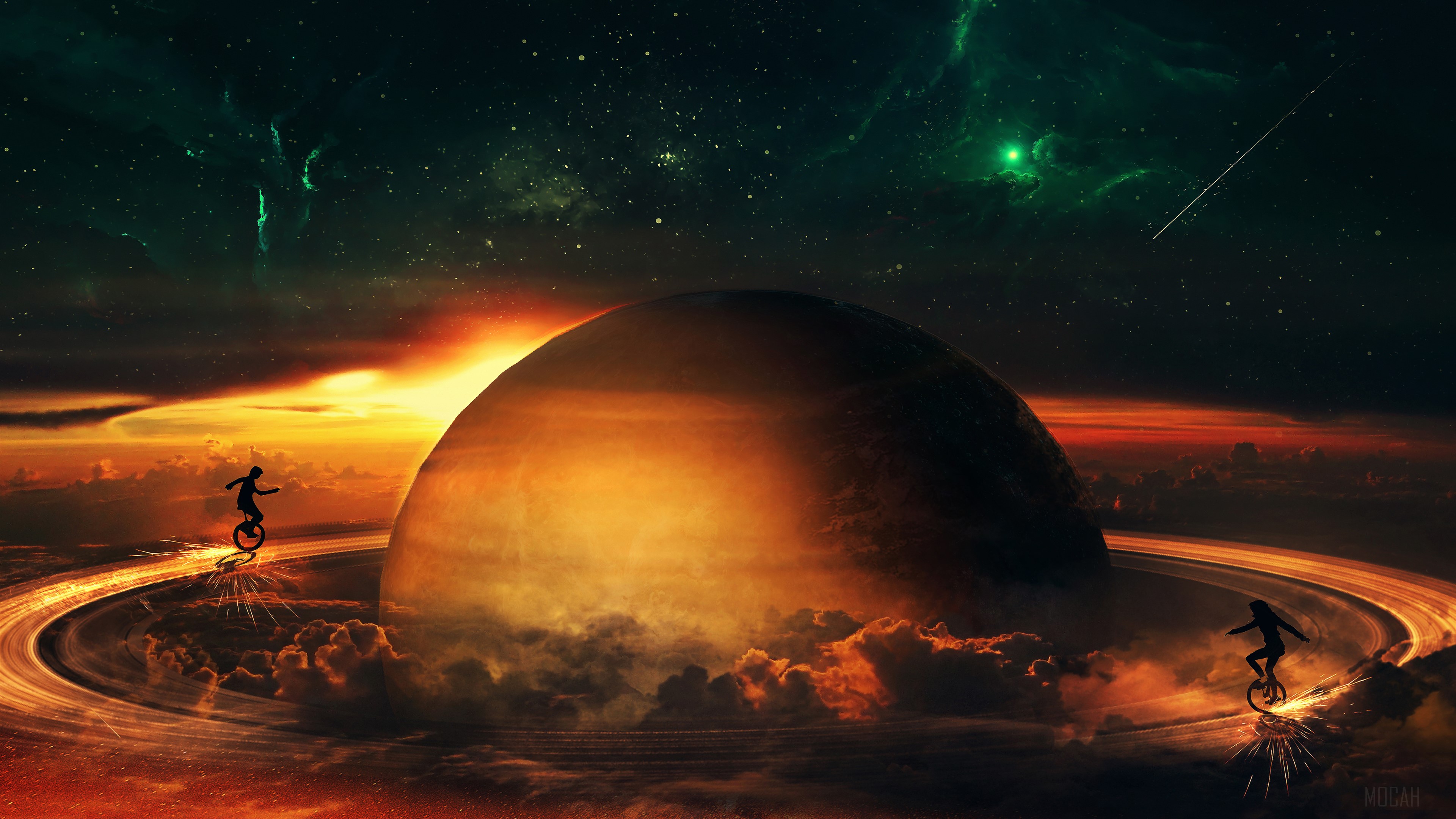 Two people on unicycles near a ringed planet HD Wallpaper