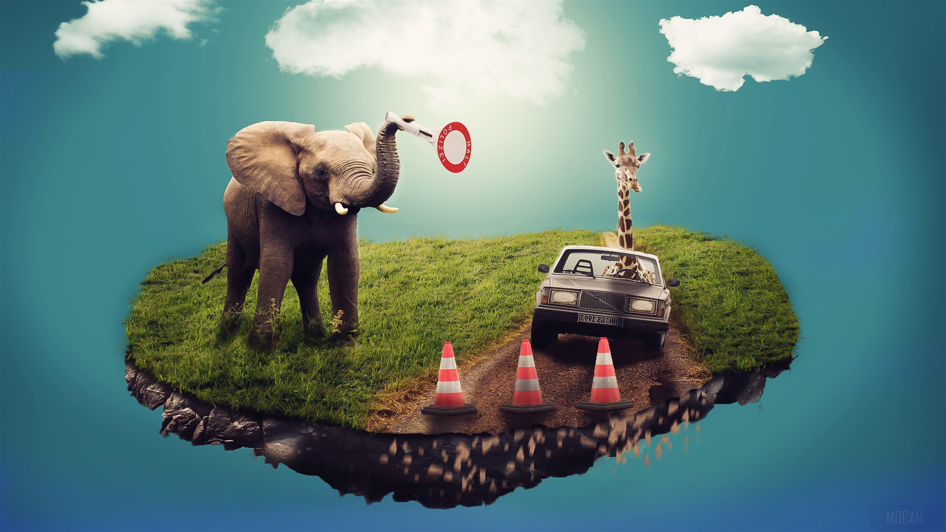 Elephant and Giraffe on Floating Island with Car HD Wallpaper
