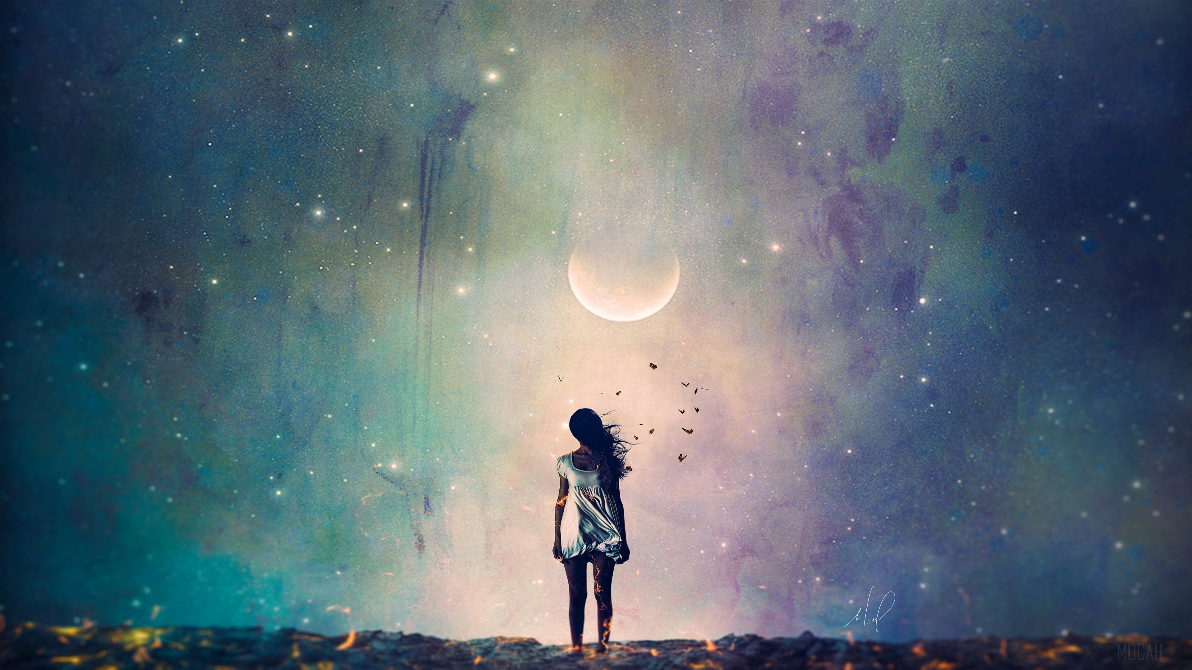 Woman standing under a crescent moon in a starry sky HD Wallpaper