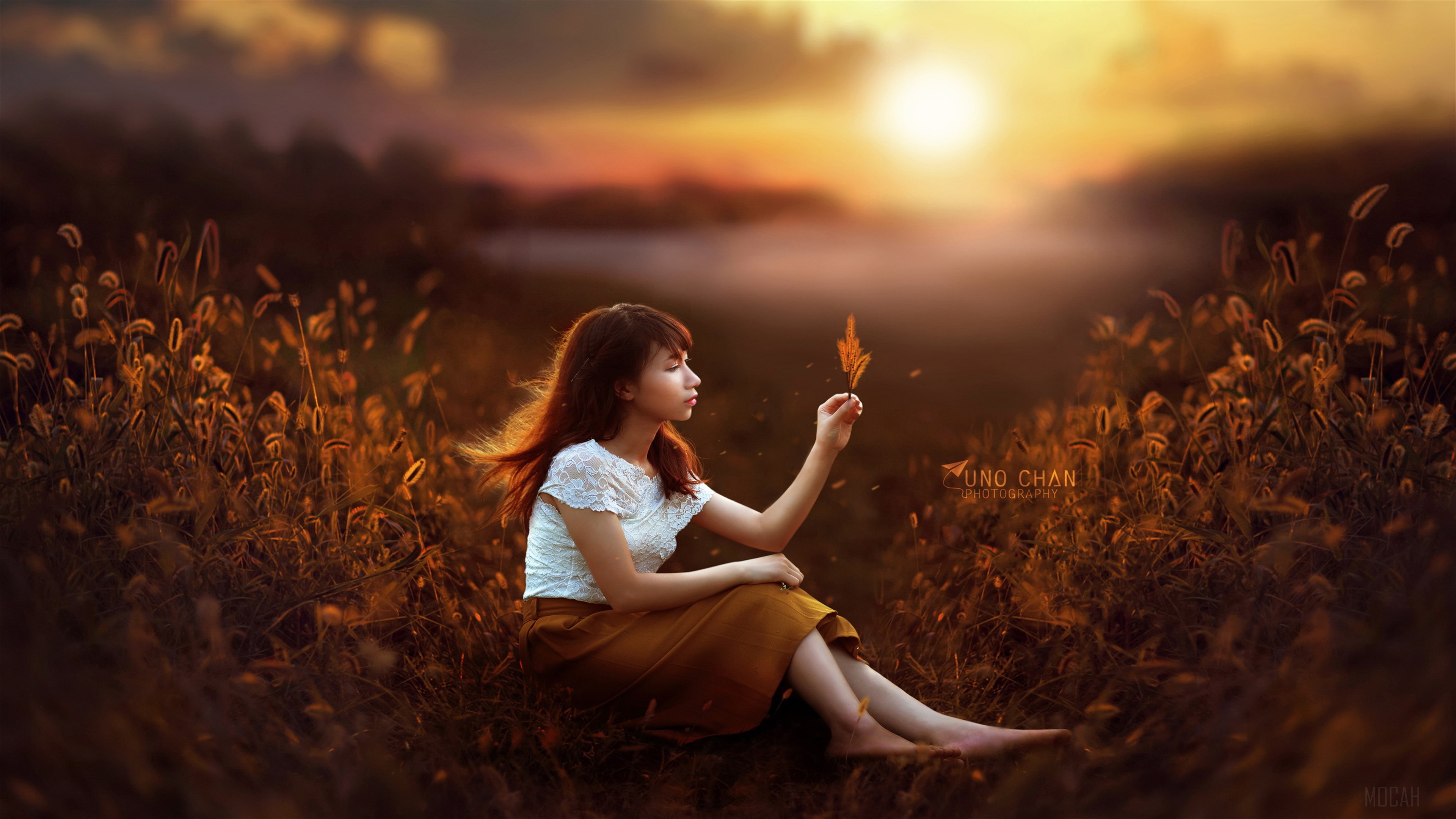Girl in field at sunset 4K HD Wallpaper