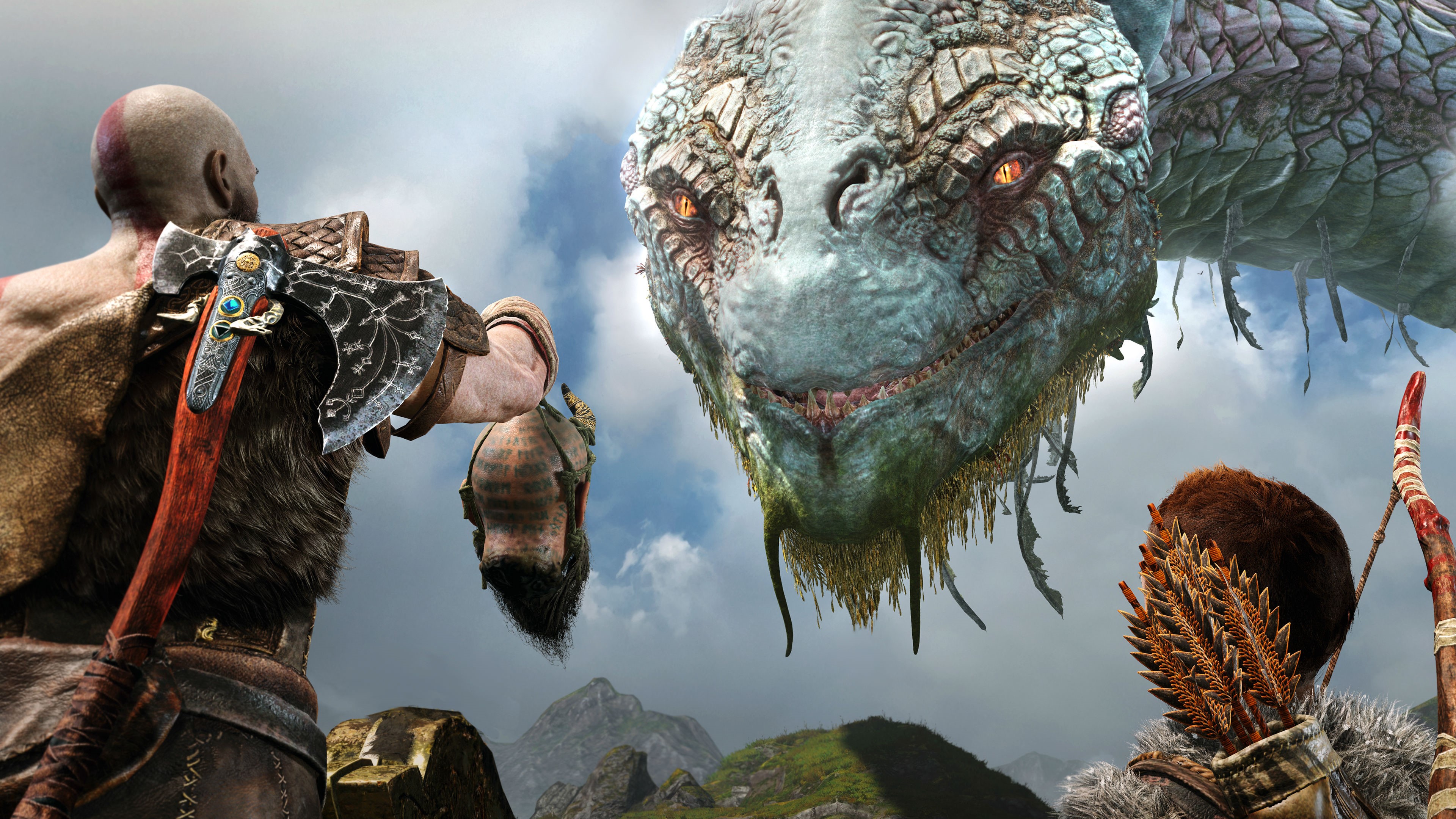 Kratos and Atreus from God of War with Jormungandr 4K HD Wallpaper