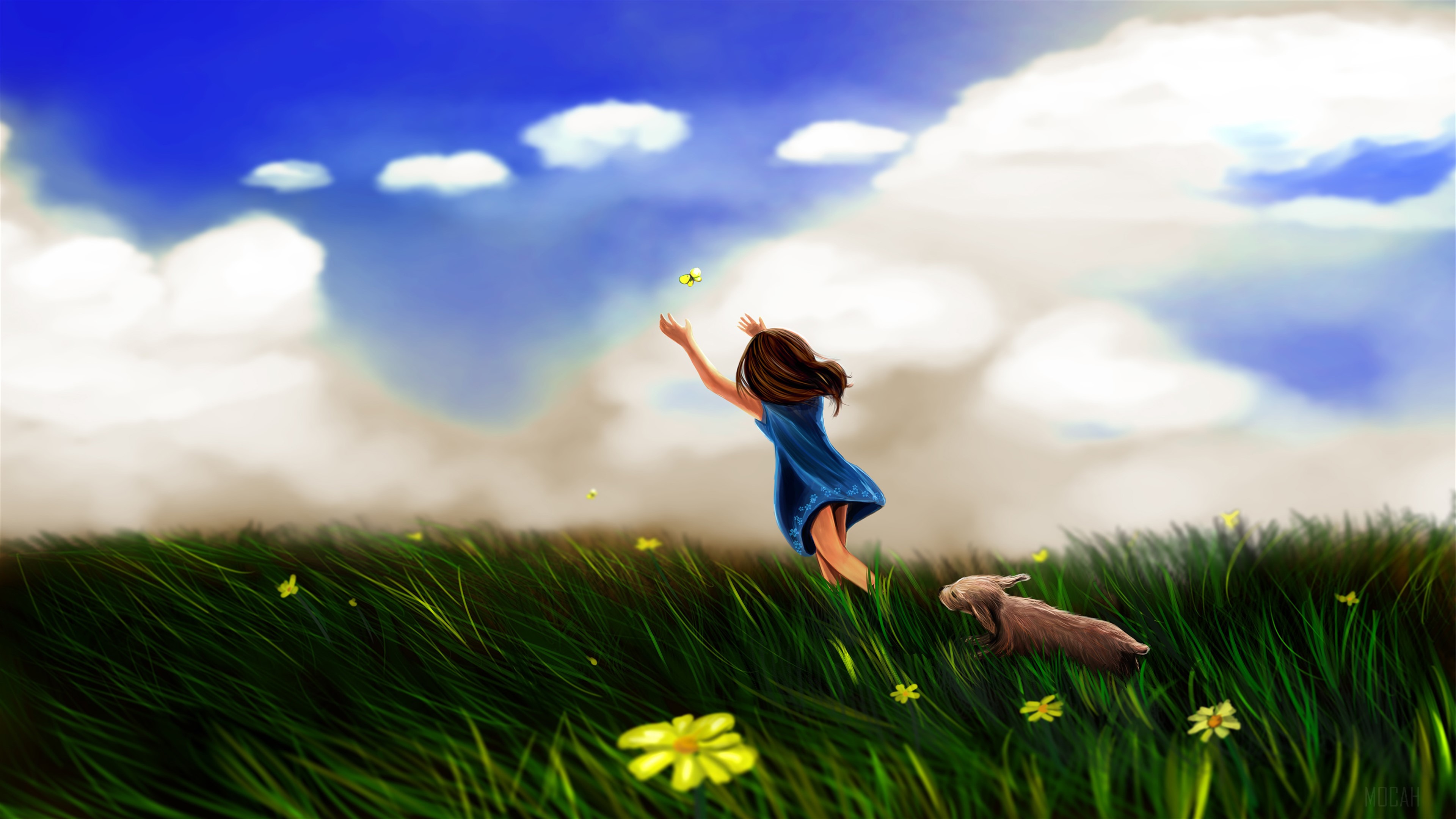 Girl Chasing Butterfly in Field 4K HD Wallpaper