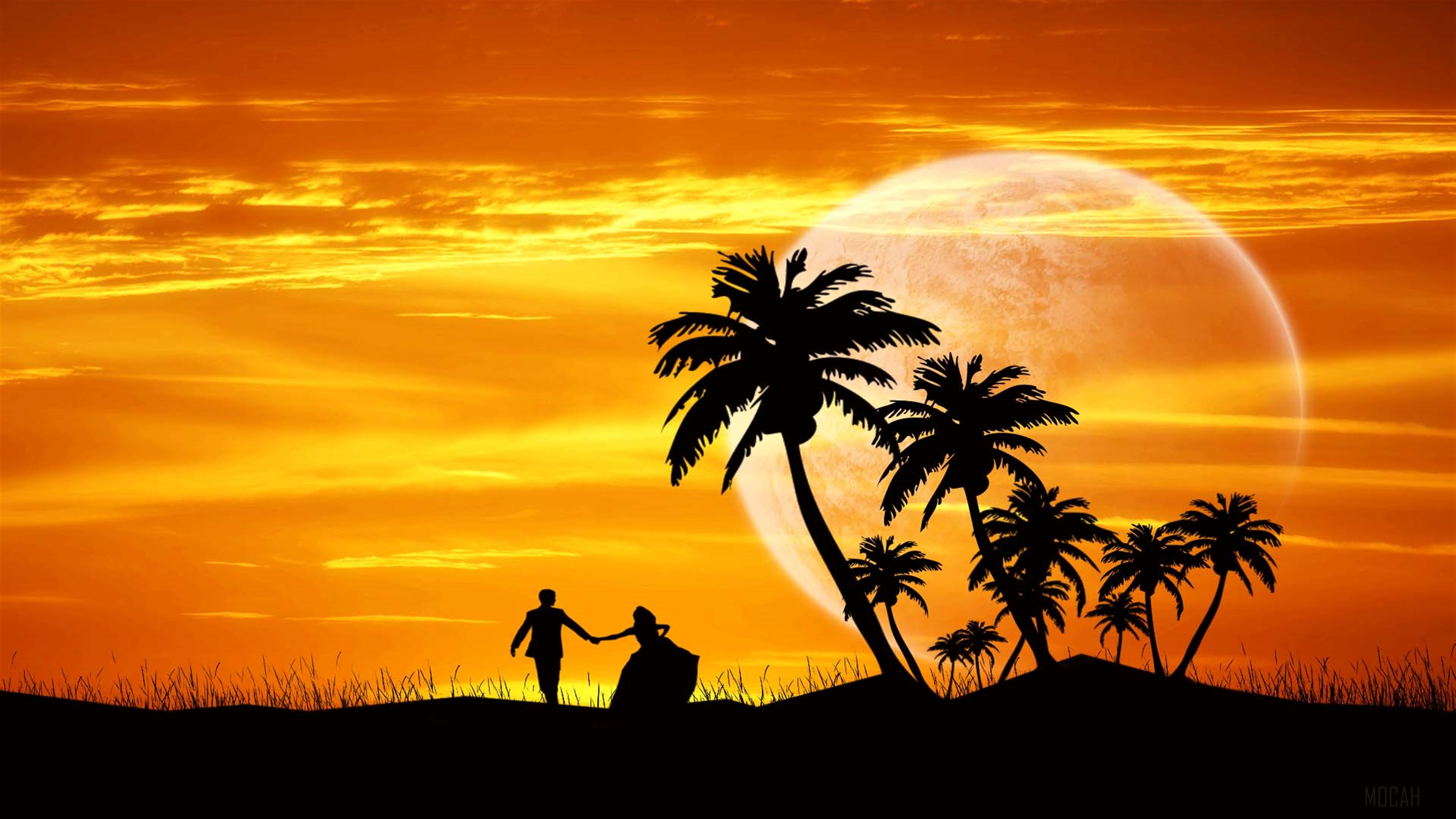 Couple dancing at sunset with palm trees 4K HD Wallpaper