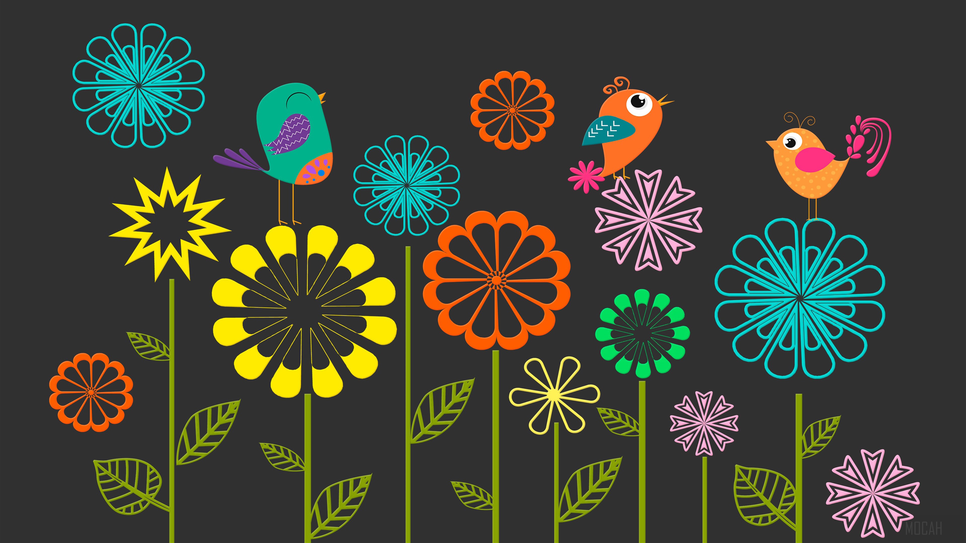 Colorful Vector Flowers and Birds 4K HD Wallpaper