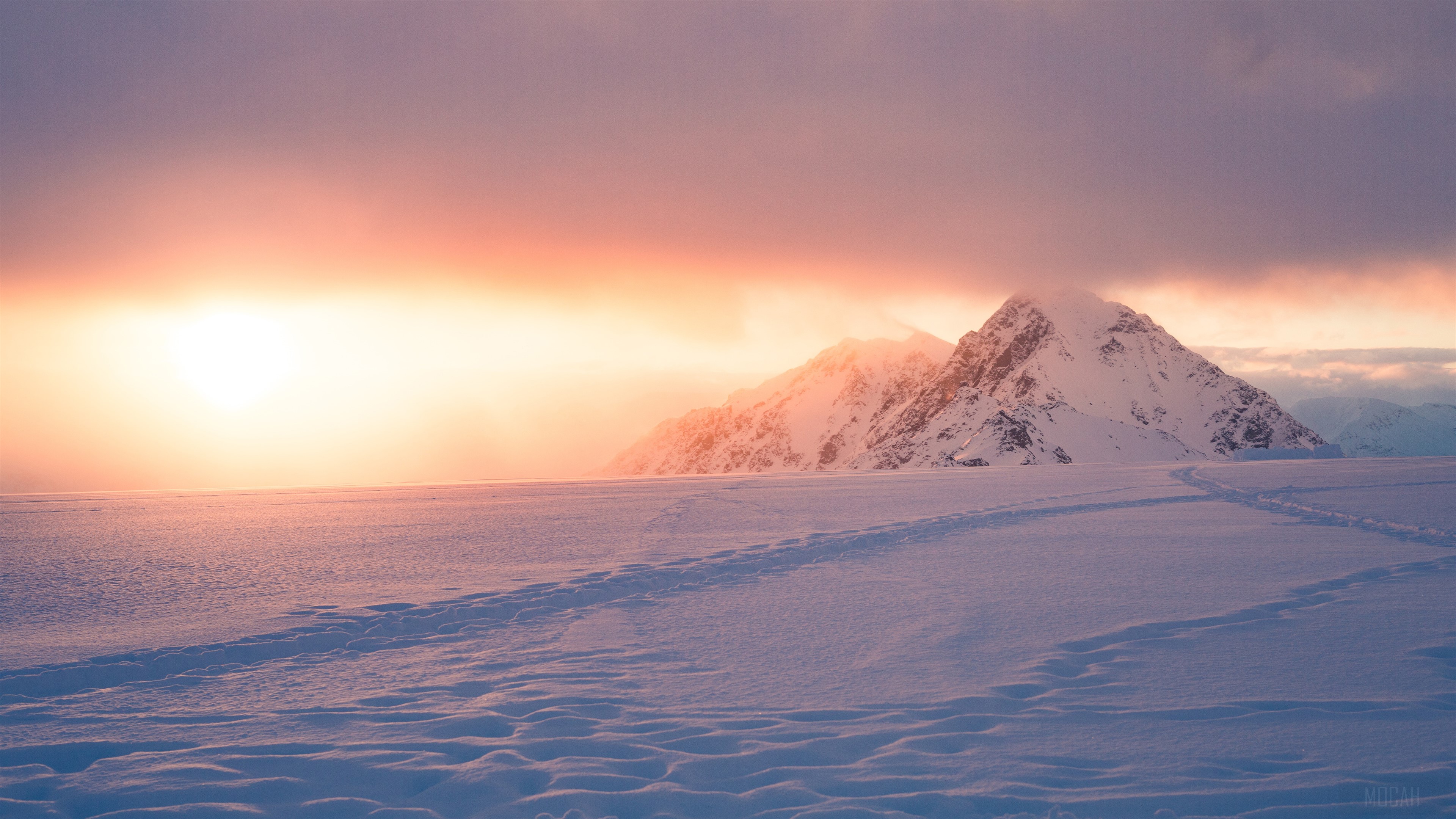 Winter Sunrise Over Snowy Mountains 4K HD Wallpaper