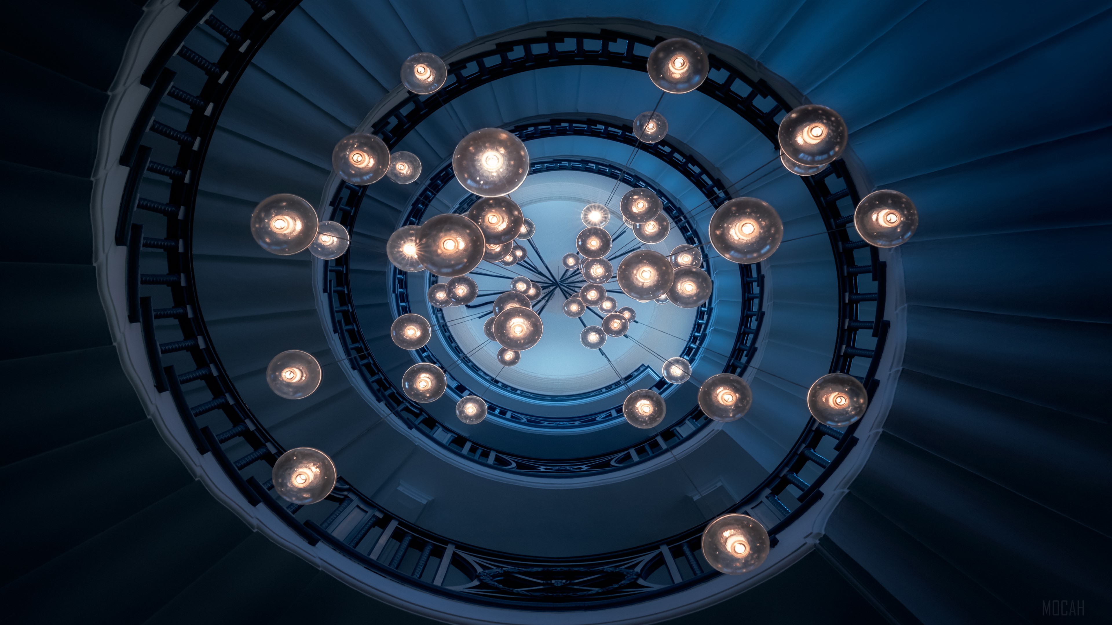 Spiral Staircase with Hanging Lights 4K HD Wallpaper