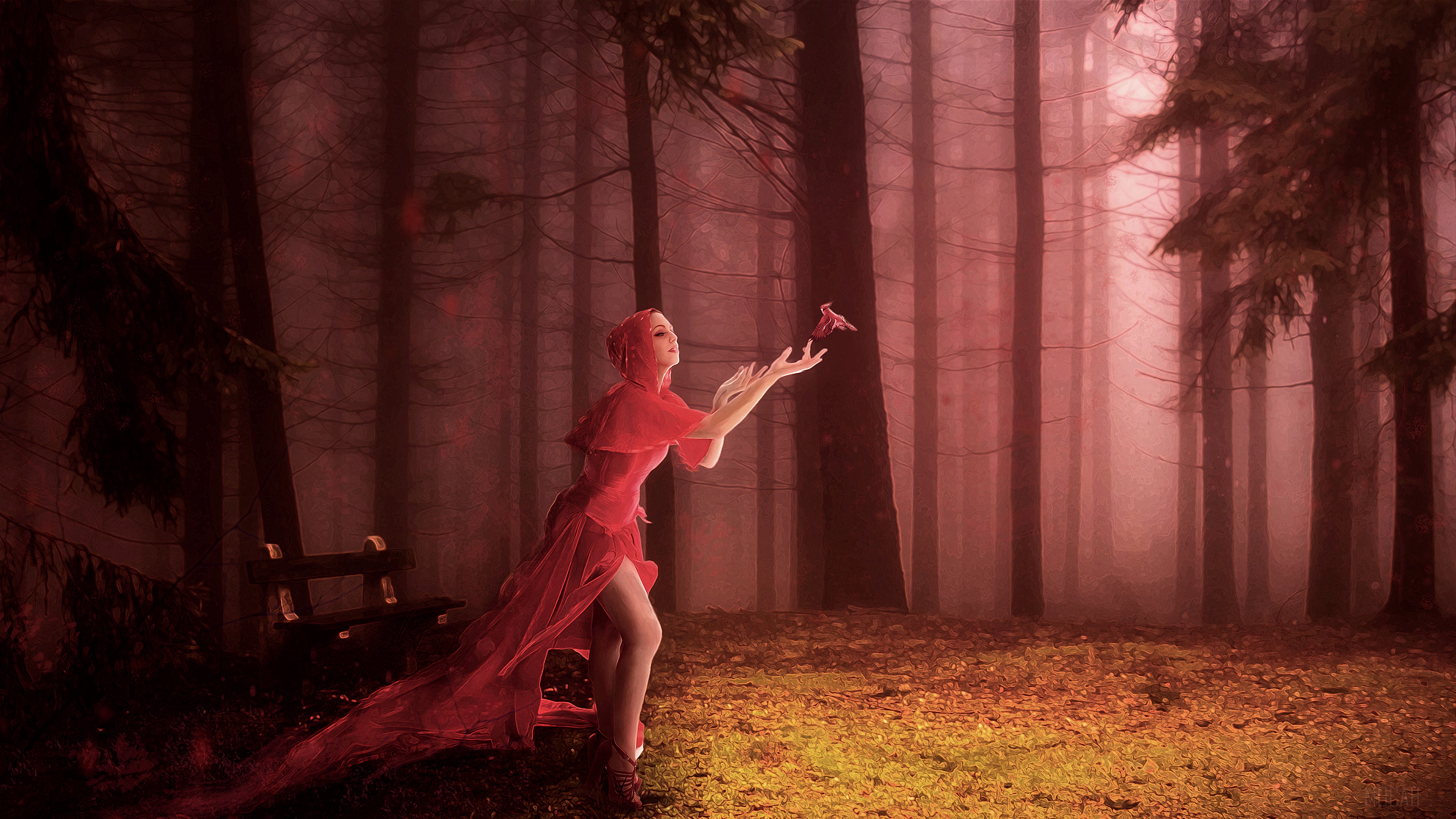 Red Woman in Forest 4K HD Wallpaper